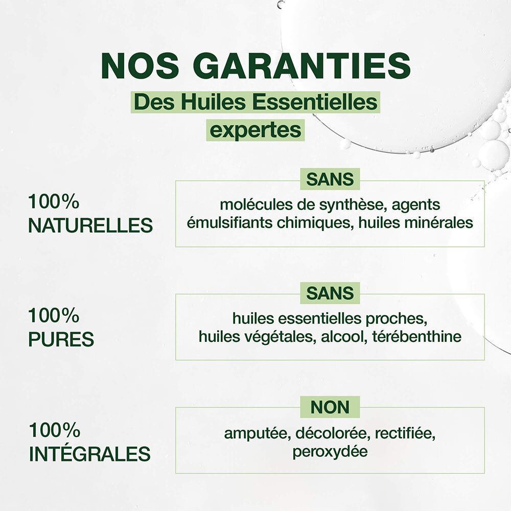 Texte: Nos Garanties. 100% Naturelles, Pures, Intégrales. Sans molécules synthétiques, huiles, alcool, etc.