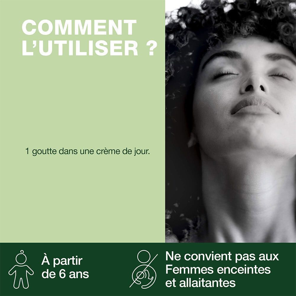 Femme aux yeux fermés. Texte: Comment l'utiliser? 1 goutte dans une crème de jour. Ne convient pas aux femmes enceintes et enfants -6 ans.