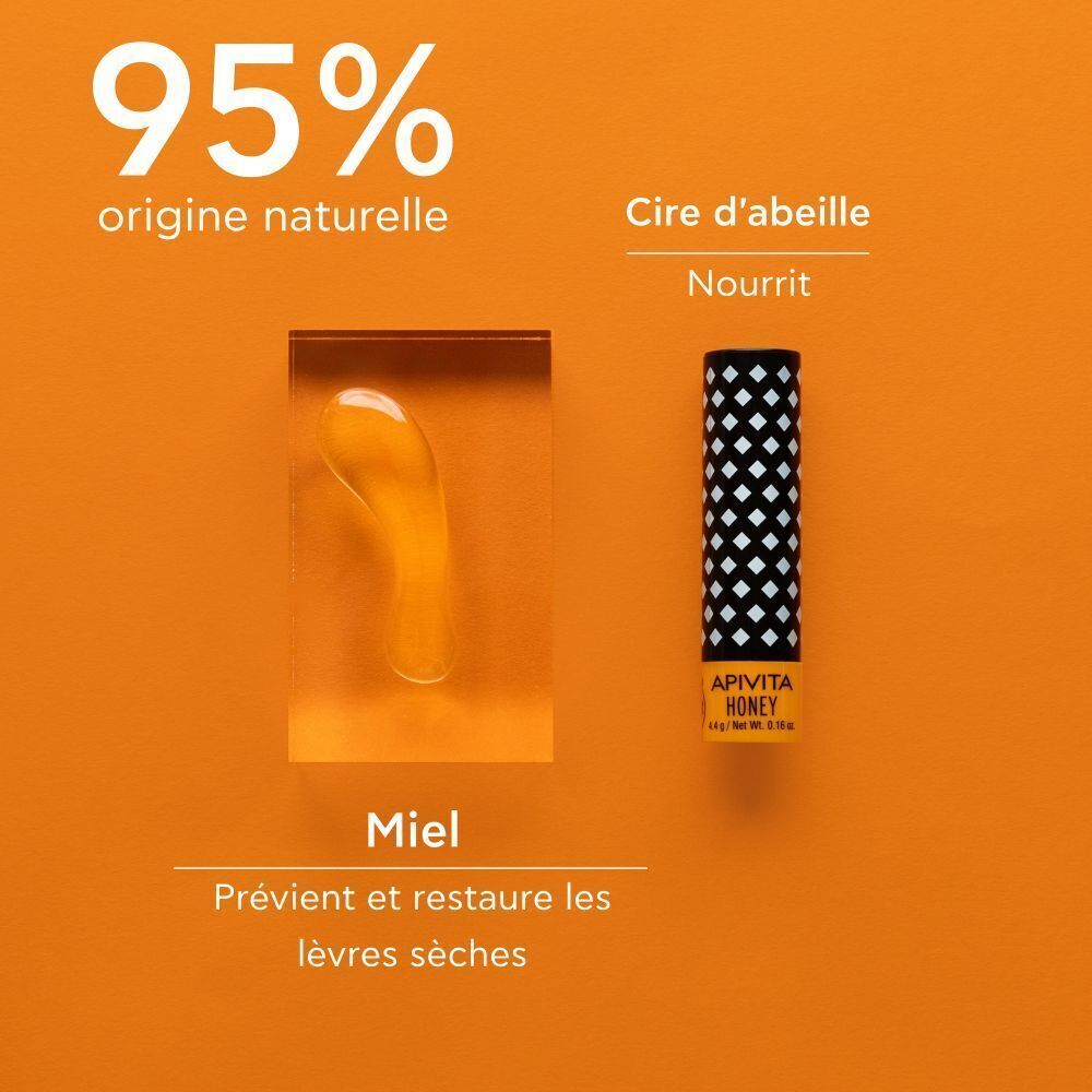 Stick à lèvres à côté de miel et cire d'abeille. Texte : "95% origine naturelle".