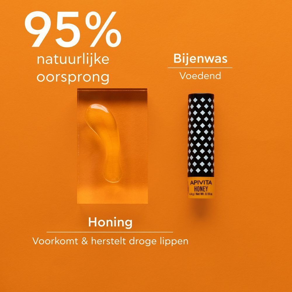 Lippenstift naast honing en bijenwas. Tekst: "95% natuurlijke oorsprong". 