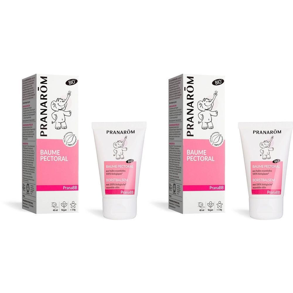 Boîte et tube Pranarôm PranaBB Baume Pectoral Bio. Étiquette rose, fond blanc. Certification bio.