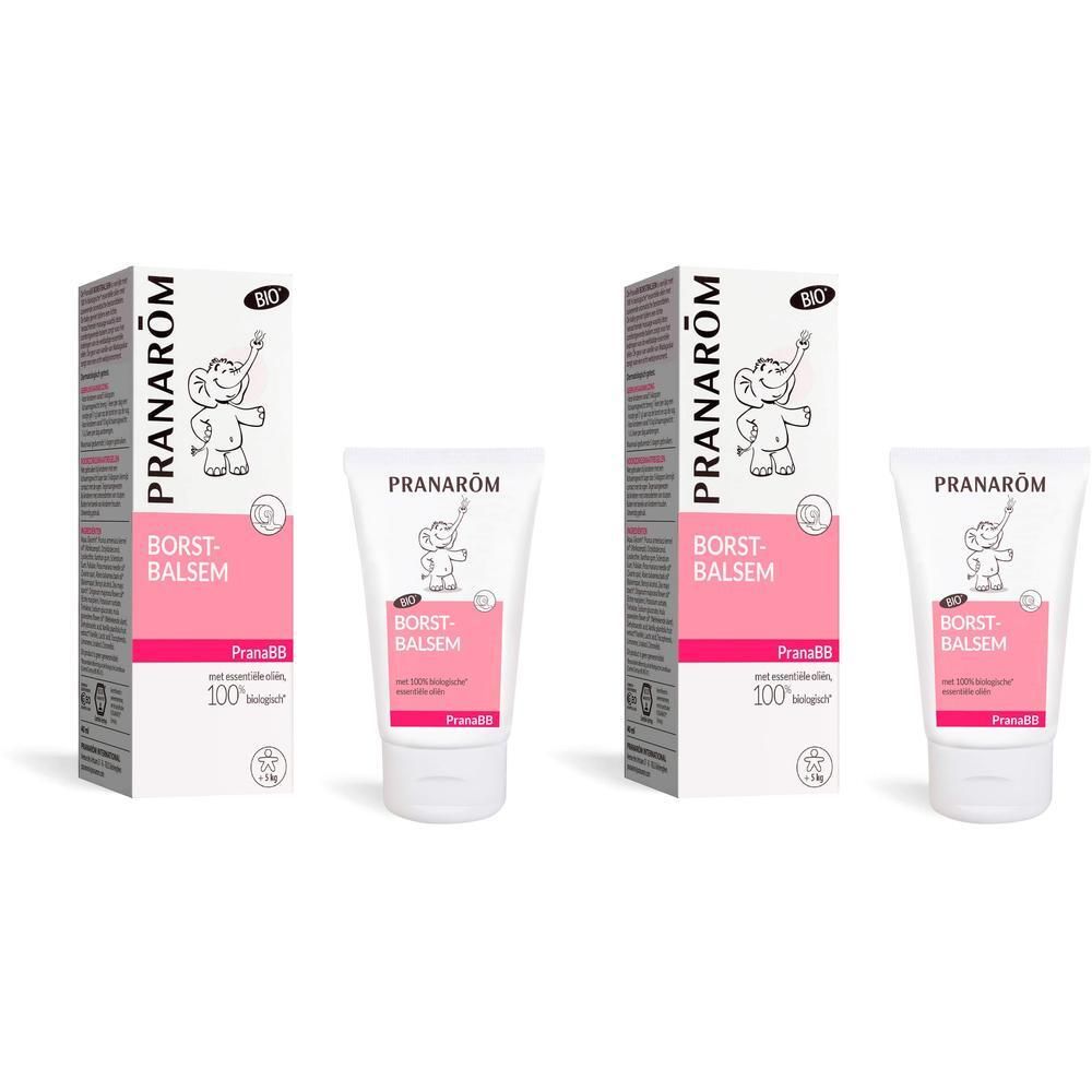 Verpakking en tube Pranarôm PranaBB Borstbalsem. Roze label, witte achtergrond. 100% natuurlijke oorsprong.