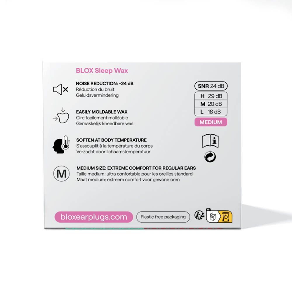Achterkant van de verpakking. Opschrift: blox Sleep Wax, Noise Reduction -24 dB, gemakkelijk kneedbare was, verzacht bij lichaamstemperatuur, Medium Size.