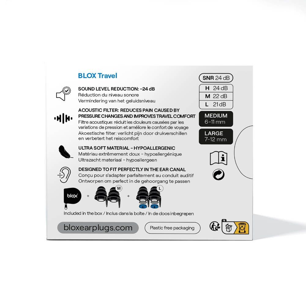 Dos de l'emballage avec informations. Indications sur la réduction du bruit, tailles et matériau.