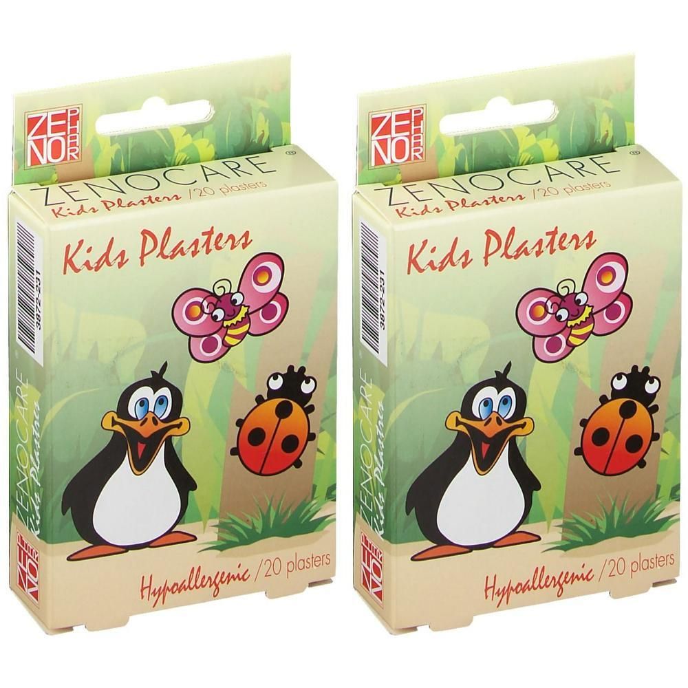 Deux boîtes de pansements pour enfants. Chaque boîte présente un pingouin, une coccinelle et un papillon. Texte : ZENOCARE, Kids Plasters, Hypoallergénique.
