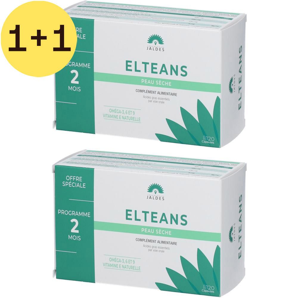 Deux boîtes blanches ELTEANS PEAU SÈCHE. Inscription : Offre Spéciale, Programme 2 mois. Logo Jaldes.