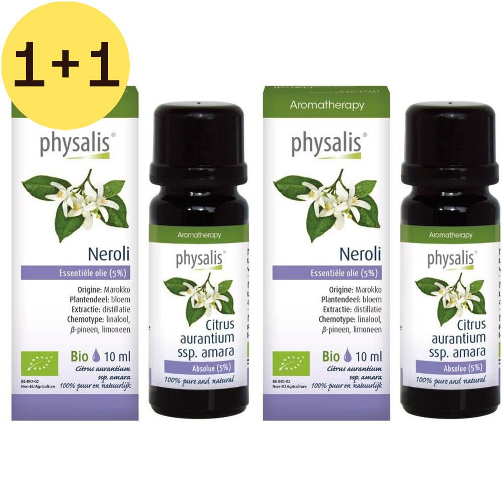 Vier flessen en verpakkingen. Opschrift: Physalis Neroli Essentiële olie (5%) Bio. Met plantafbeelding en tekst.