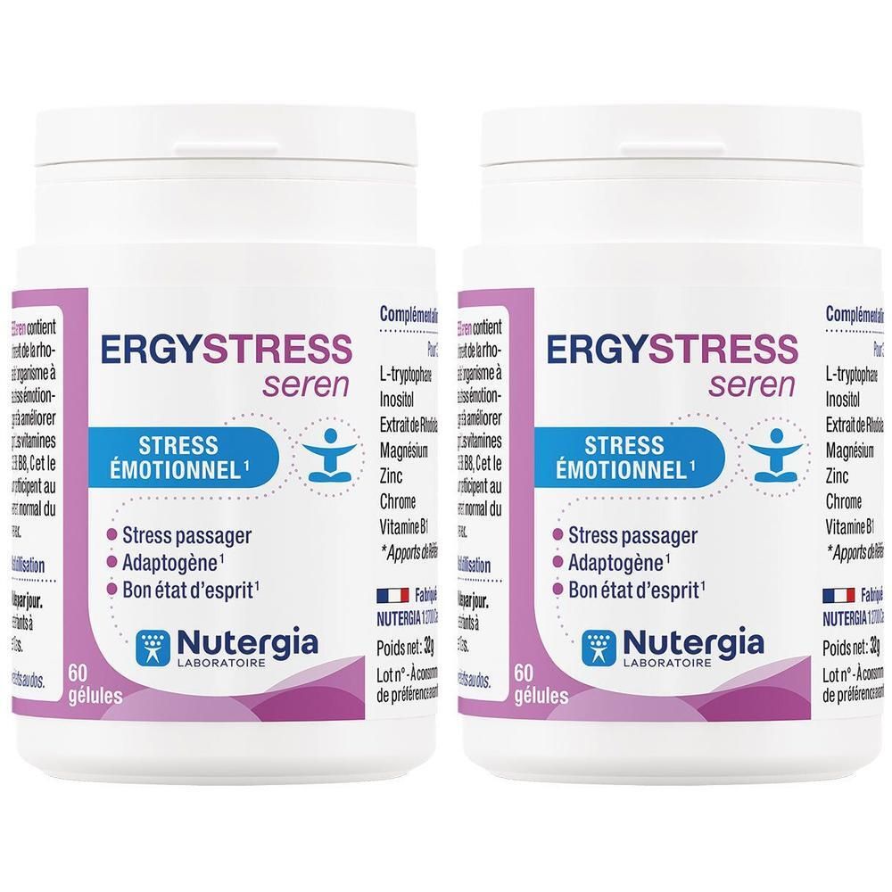 Twee witte flessen met etiketten. De etiketten tonen "ERGYSTRESS seren" en "STRESS ÉMOTIONNEL". Elke fles bevat 60 capsules.