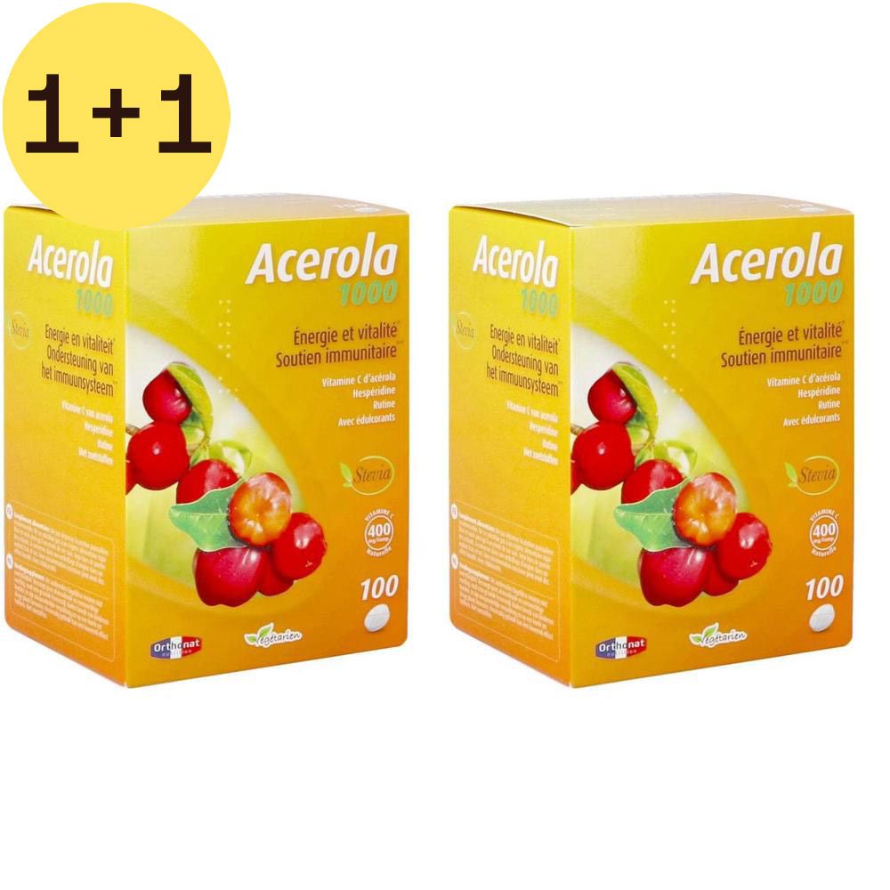 Twee gele dozen "Acerola 1000". Illustratie van kersen. Tekst: Energie et vitalité, Soutien immunitaire. Bevat 100 tabletten.