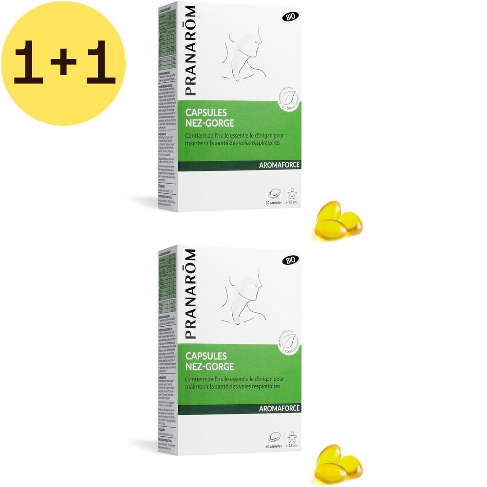 Deux boîtes de capsules Pranarôm Aromaforce Nez-Gorge. Capsules jaunes à côté. Cercle jaune avec "1+1".