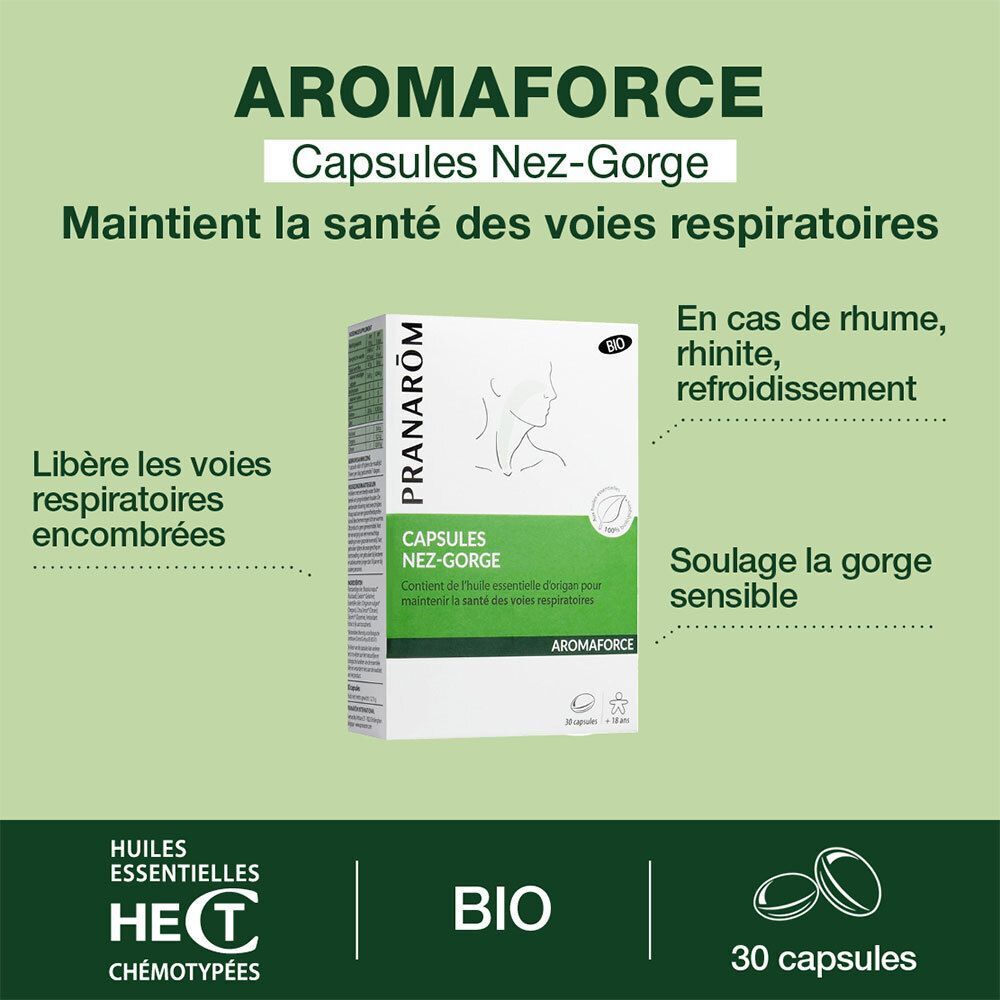Pranarôm Aromaforce Capsules Nez-Gorge. Texte : 'Maintient la santé des voies respiratoires'. Certification Bio.