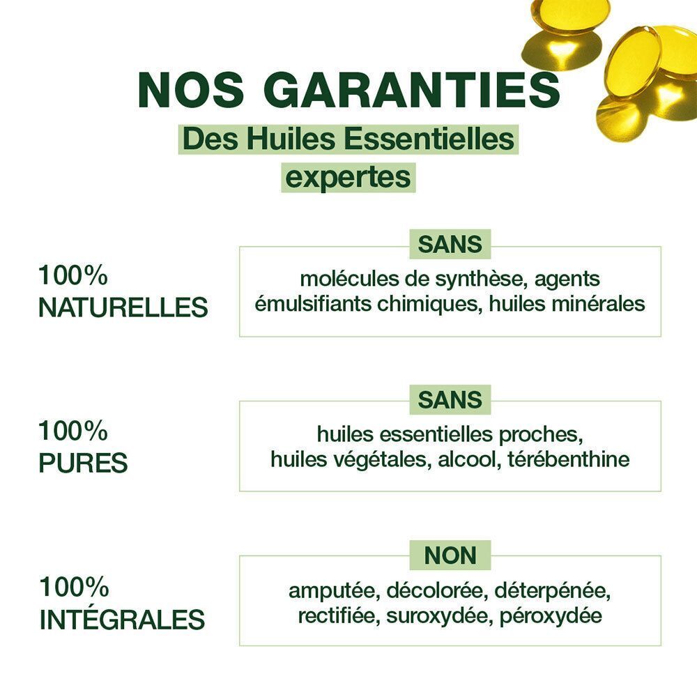 Texte sur les garanties : 100% naturel, pur et intégral. Sans molécules synthétiques, huiles, alcool, etc.