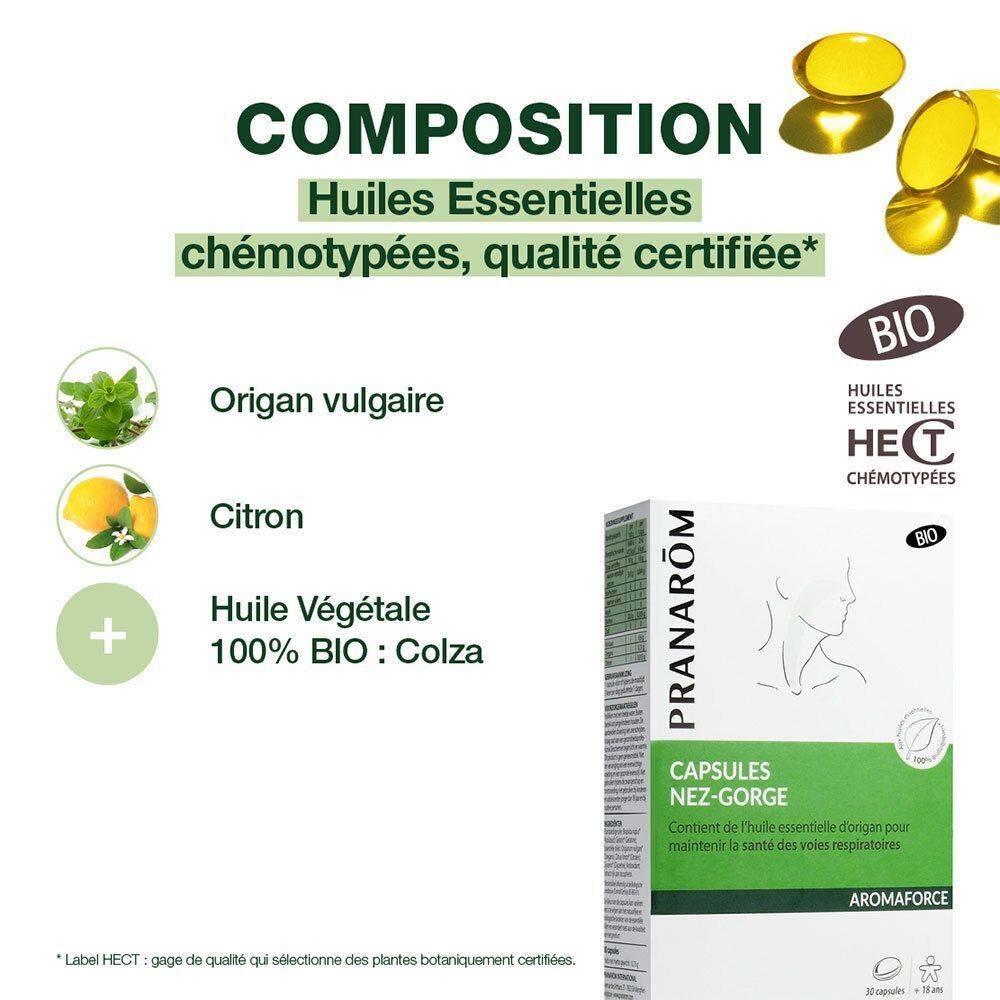 Composition : huiles essentielles, qualité certifiée. Origan, citron, huile végétale. Boîte de capsules.