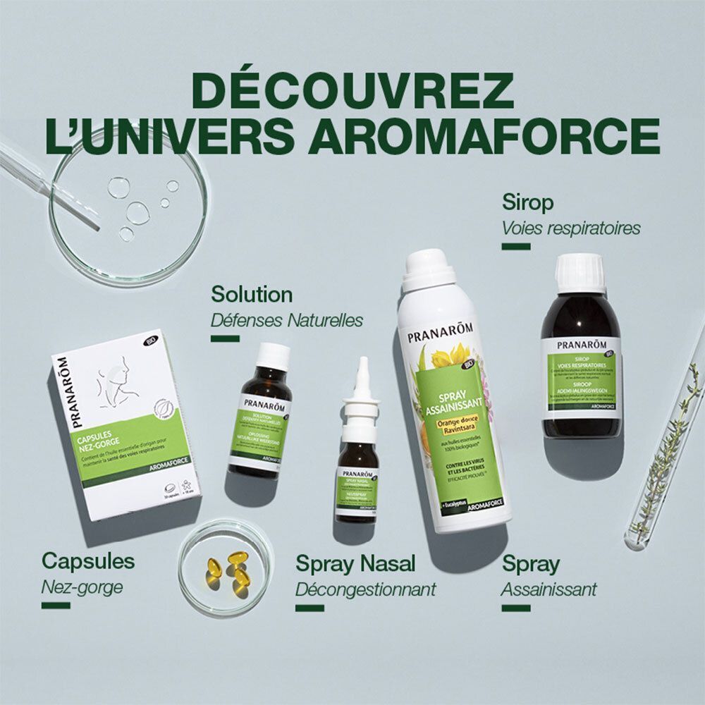 Gamme Pranarôm Aromaforce : Capsules Nez-Gorge, Spray Nasal, Spray, etc. Différents contenants.