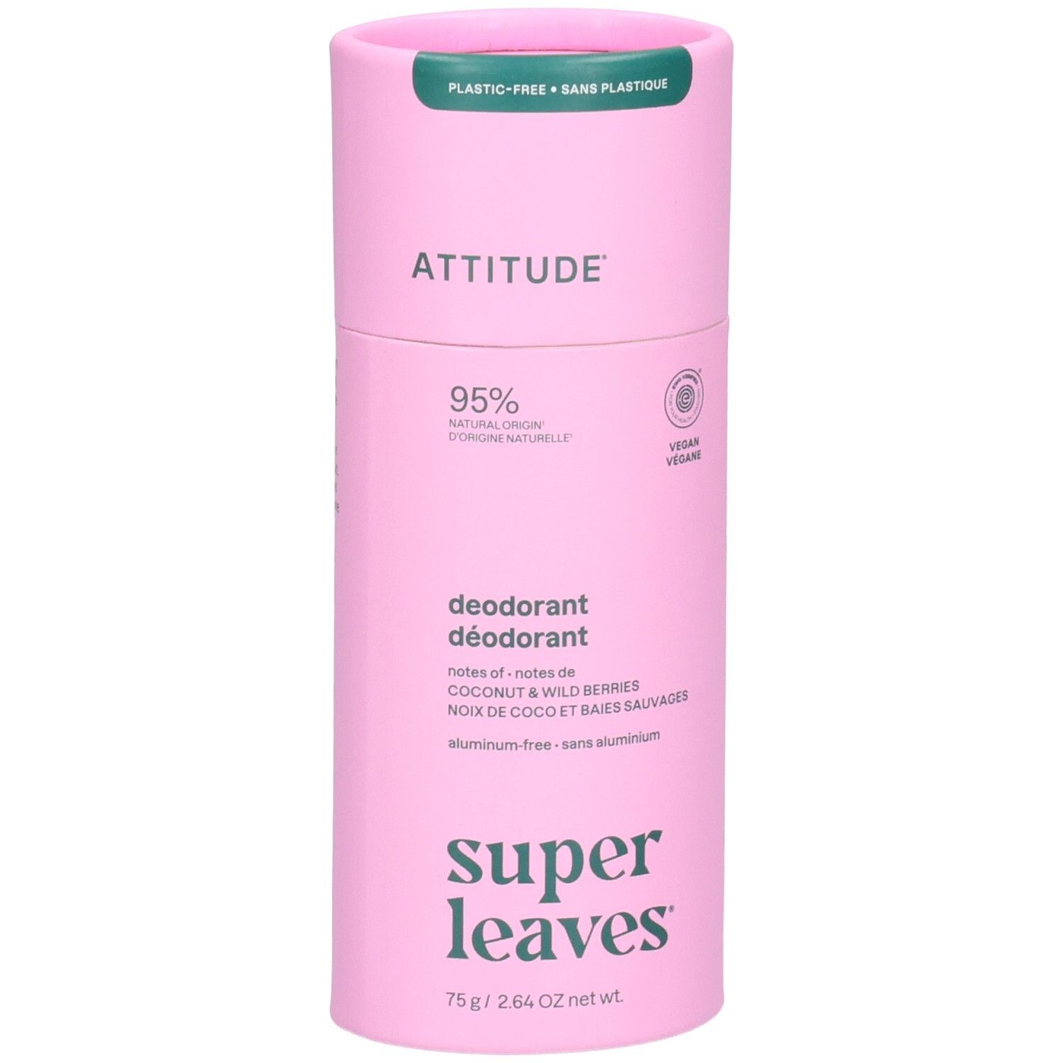 ATTITUDE Déodorant Super Leaves, Noix de Coco & Fruits Sauvages, 75g, emballage rose.