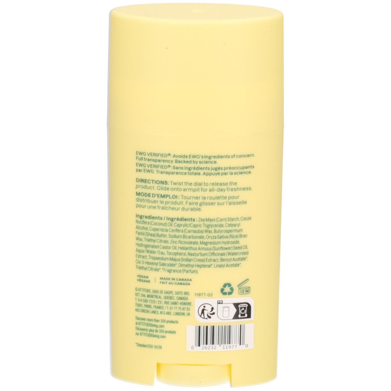 Bâton déodorant ATTITUDE Super Leaves, dos avec ingrédients et instructions, 75g.