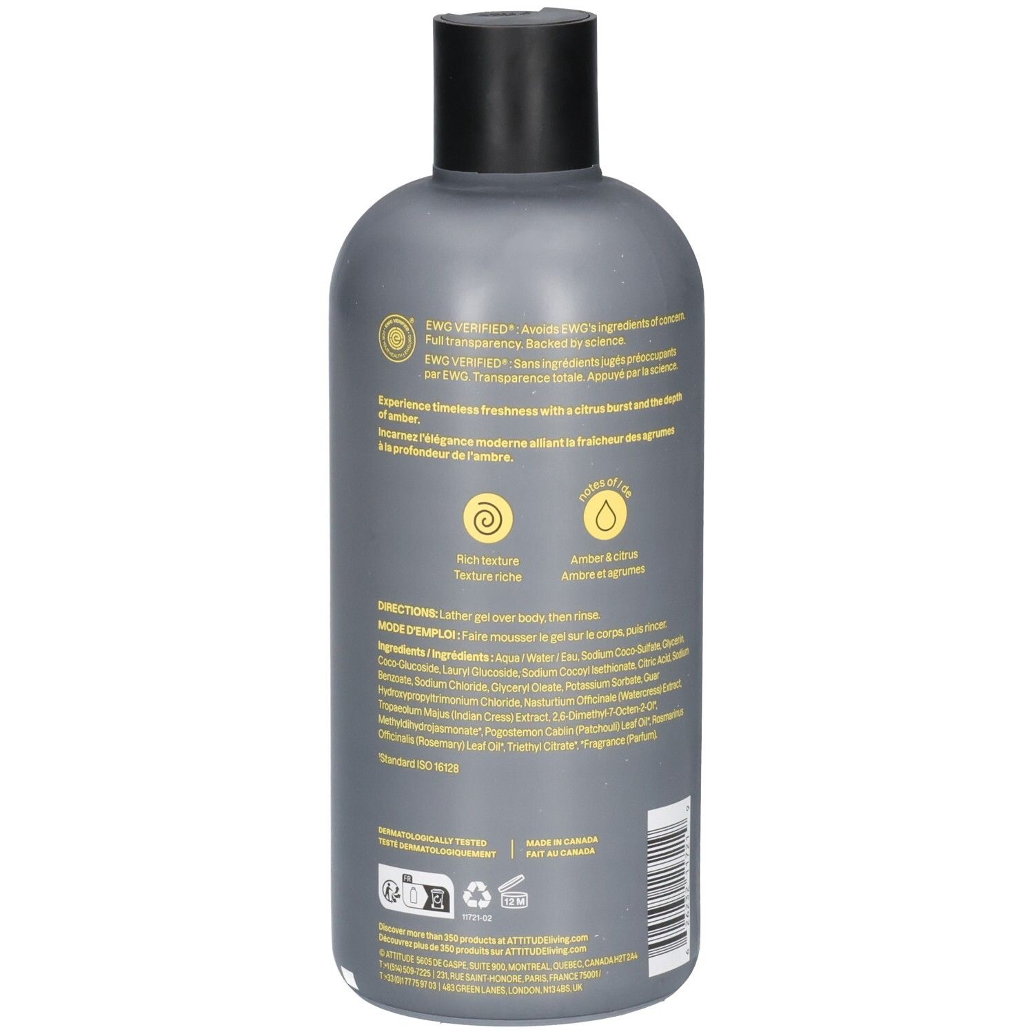 Achterkant van de ATTITUDE douchegel fles voor heren met ingrediënten en certificeringen.