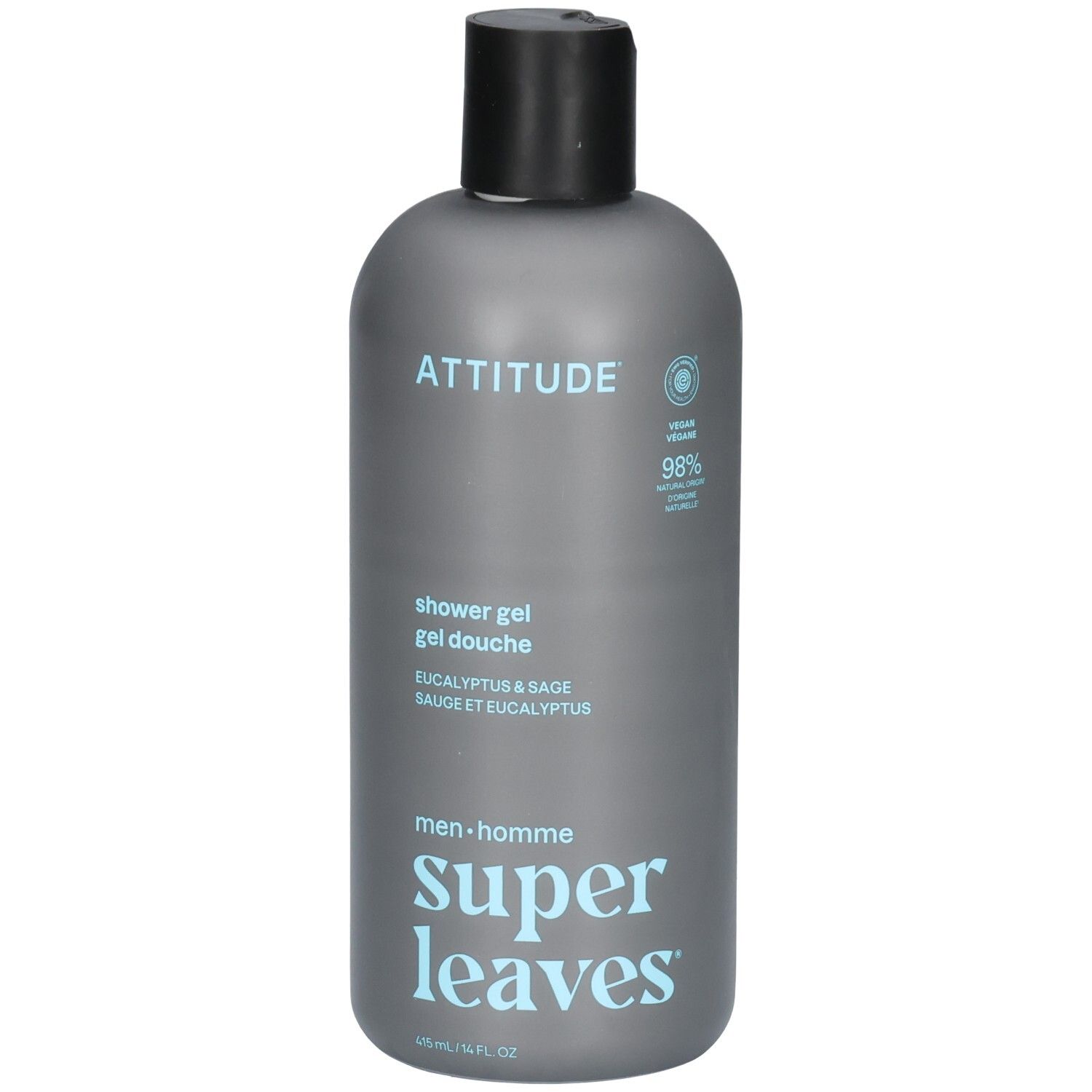 ATTITUDE Super Leaves Douchegel heren, Eucalyptus & Salie, grijze fles.