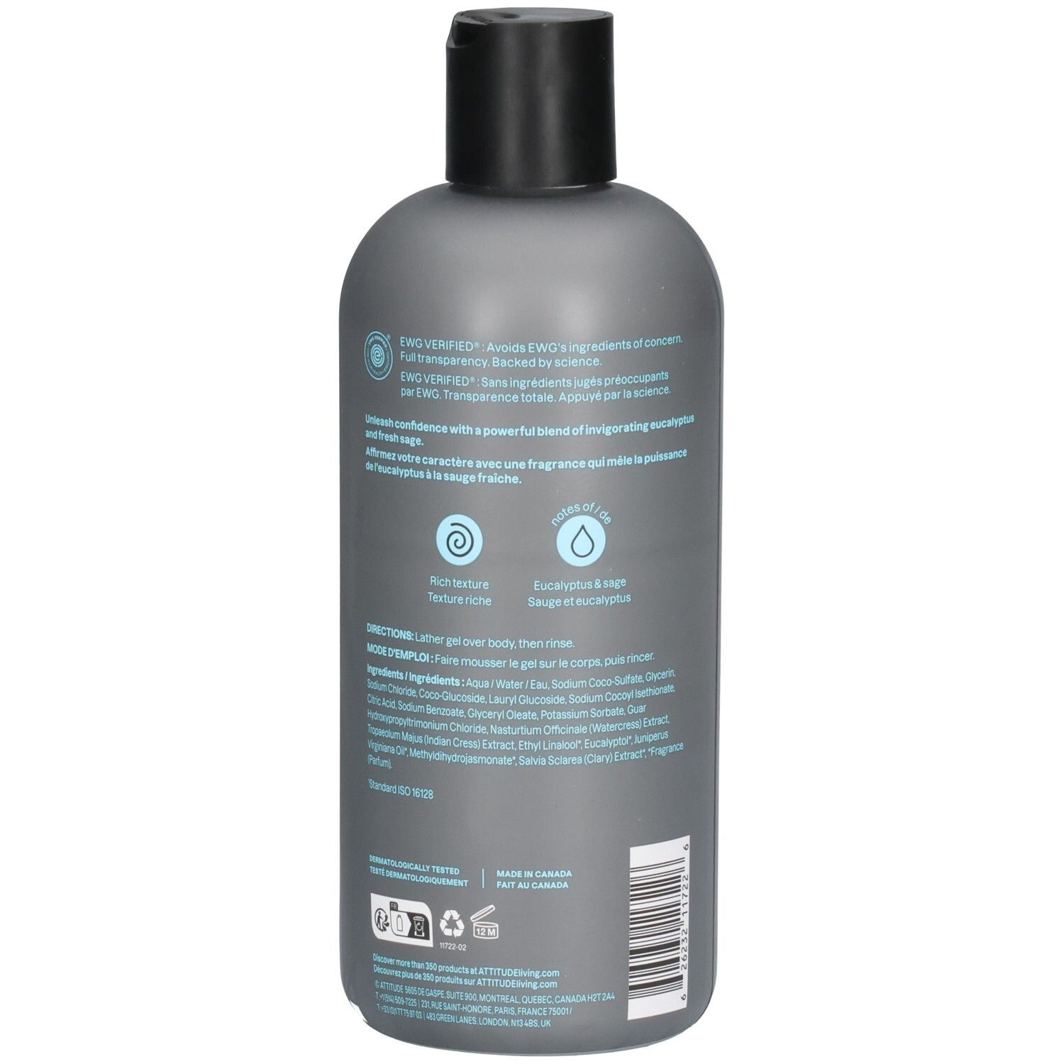 Achterkant van de ATTITUDE Super Leaves Douchegel heren fles met ingrediënten en certificeringen.