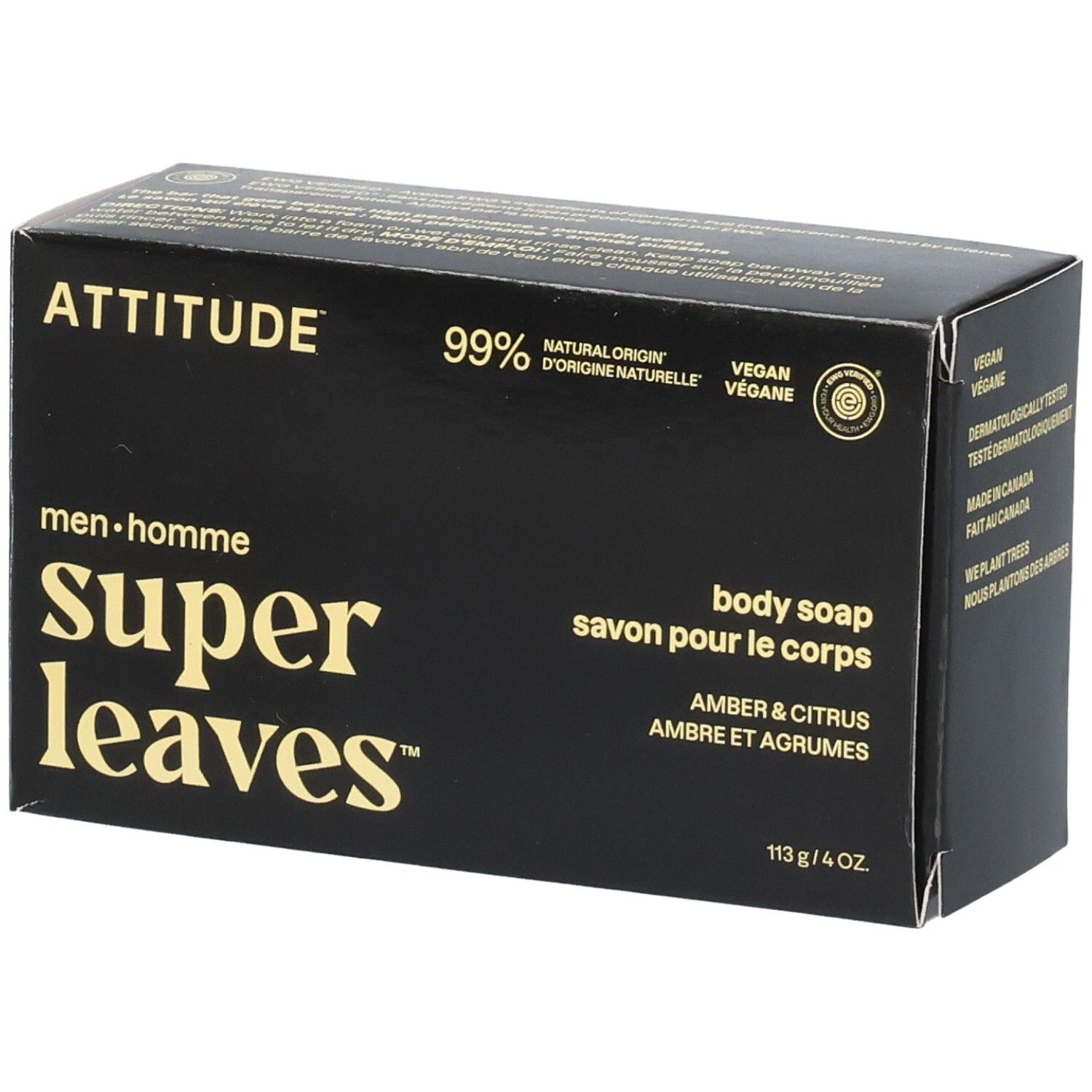 ATTITUDE Super Leaves Body Soap Amber & Citrus verpakking. 99% natuurlijke oorsprong, vegan.