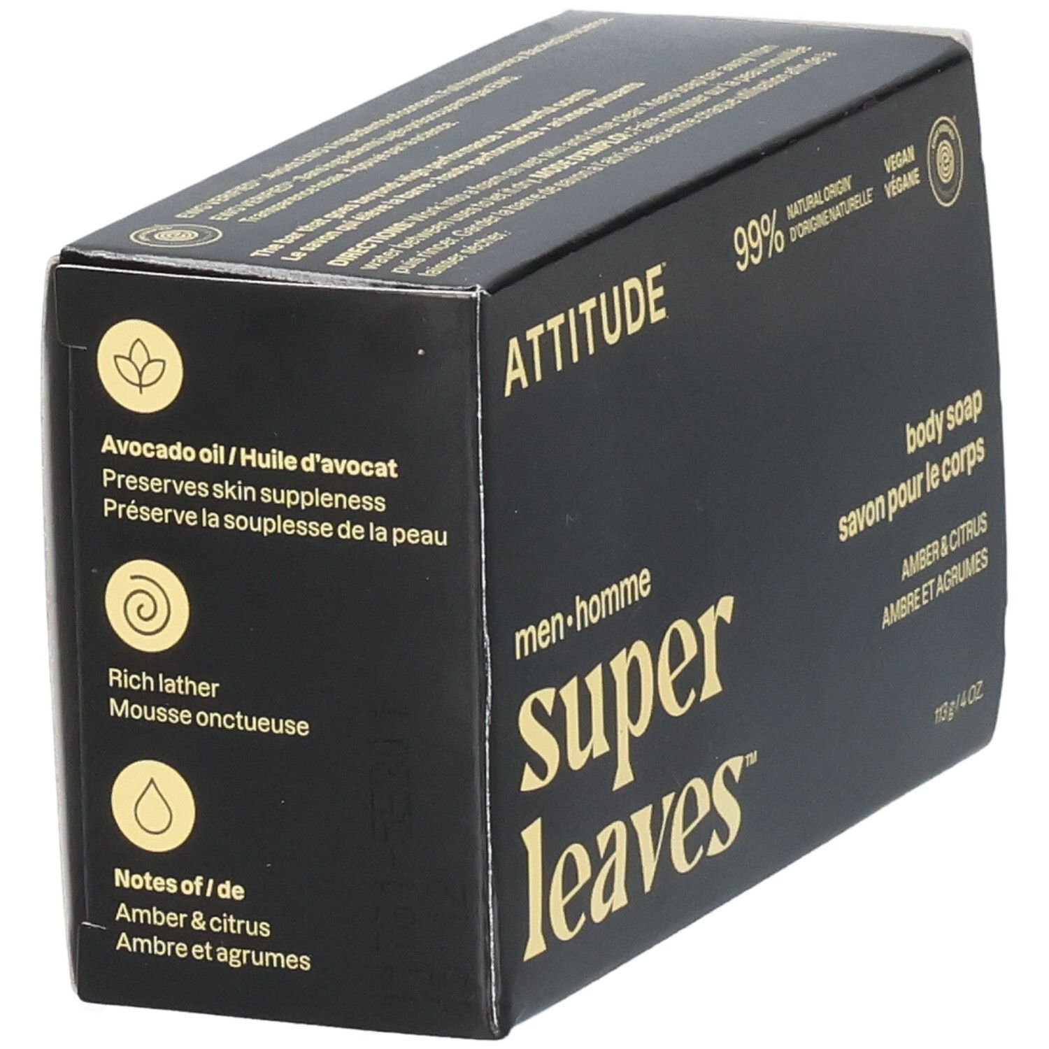ATTITUDE Super Leaves Body Soap Amber & Citrus verpakking met avocado-olie en rijke schuim.