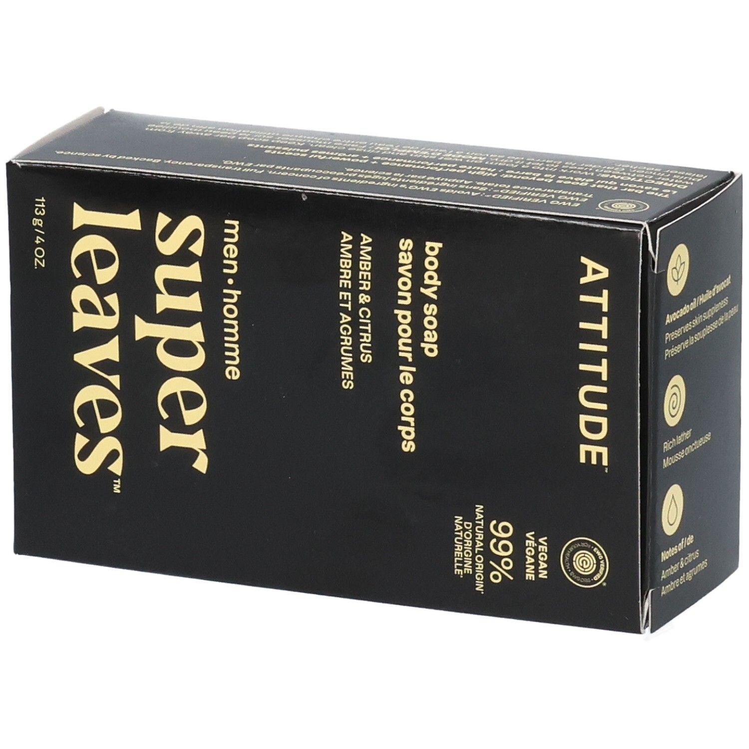 ATTITUDE Super Leaves Body Soap Amber & Citrus verpakking. 113g / 4oz. Vegan, dermatologisch getest.