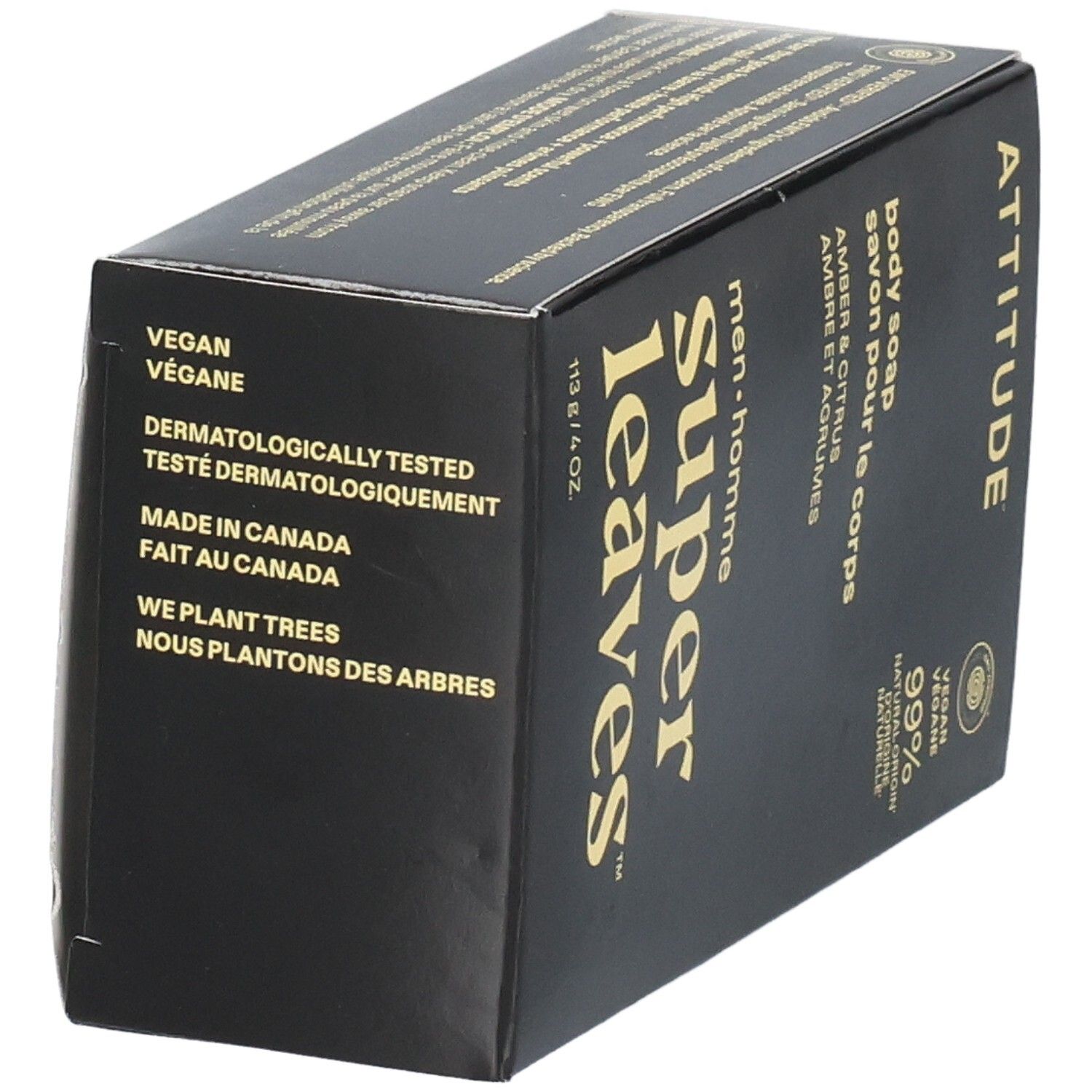 ATTITUDE Super Leaves Body Soap Amber & Citrus verpakking. Gemaakt in Canada, vegan.
