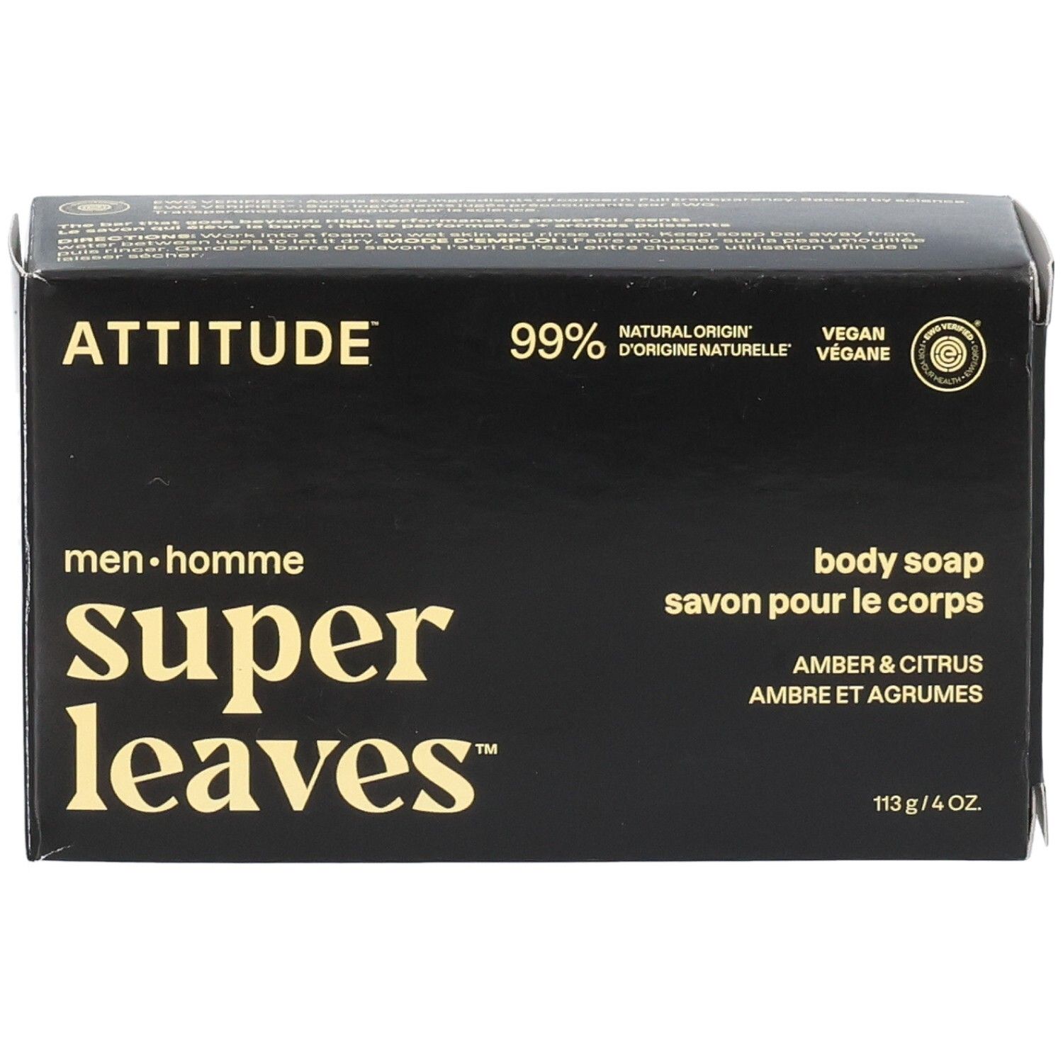 ATTITUDE Super Leaves Body Soap Amber & Citrus verpakking. 99% natuurlijke oorsprong, vegan.