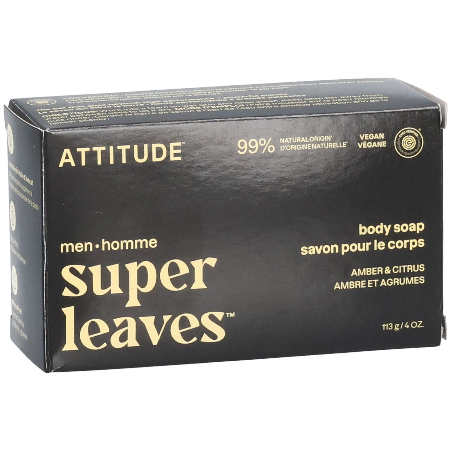 ATTITUDE Super Leaves Body Soap Amber & Citrus verpakking. 113g / 4oz. Vegan, dermatologisch getest.