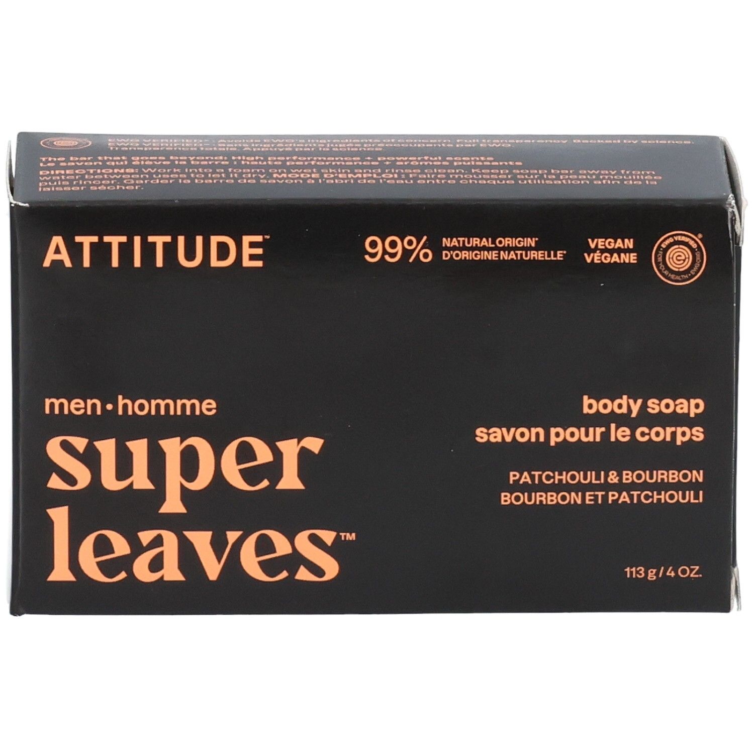 ATTITUDE Super Leaves Savon pour le Corps Patchouli & Bourbon carton, face avant avec logo et nom du produit.