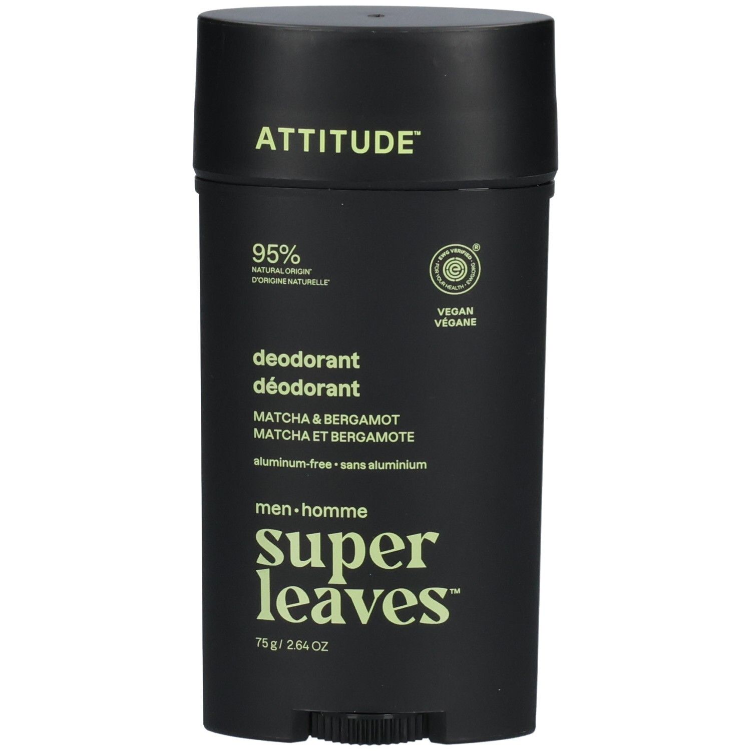 ATTITUDE Super Leaves Deodorant Heren Matcha & Bergamot, 75g. Zwarte container met lichte opdruk. "95% Natural Origin", "Vegan".