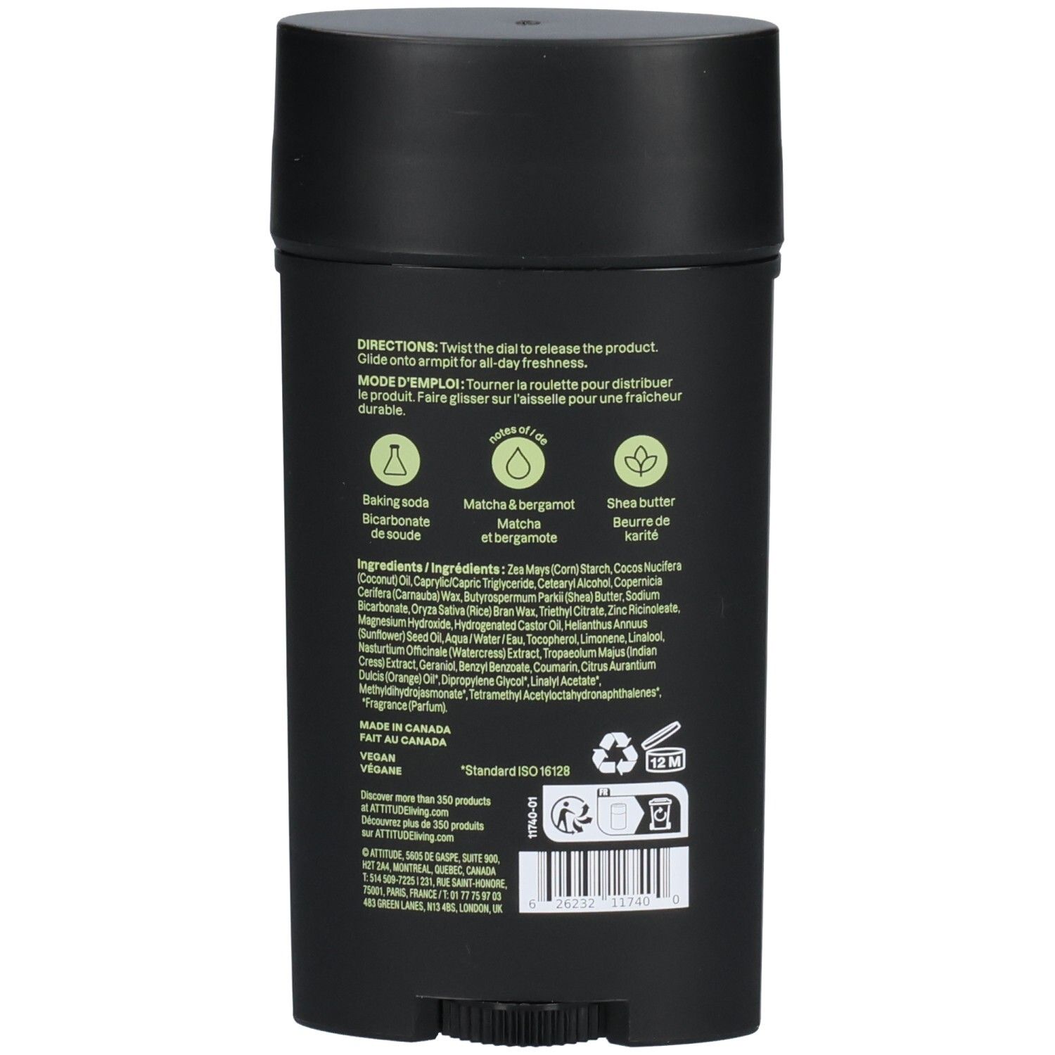 Achterkant van de ATTITUDE Super Leaves Deodorant Heren Matcha & Bergamot. Bevat ingrediënten en instructies. "Vegan", "Gemaakt in Canada".