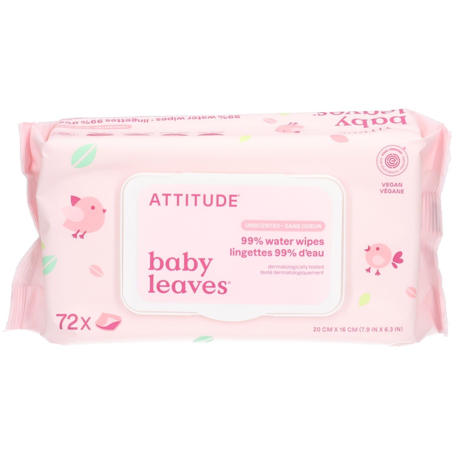ATTITUDE Baby Leaves doekjes, 72 stuks, 99% water, vegan.