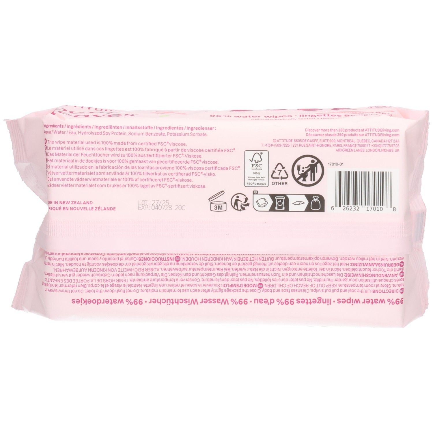 Achterkant van de ATTITUDE Baby Leaves doekjesverpakking met ingrediënten en certificeringen.