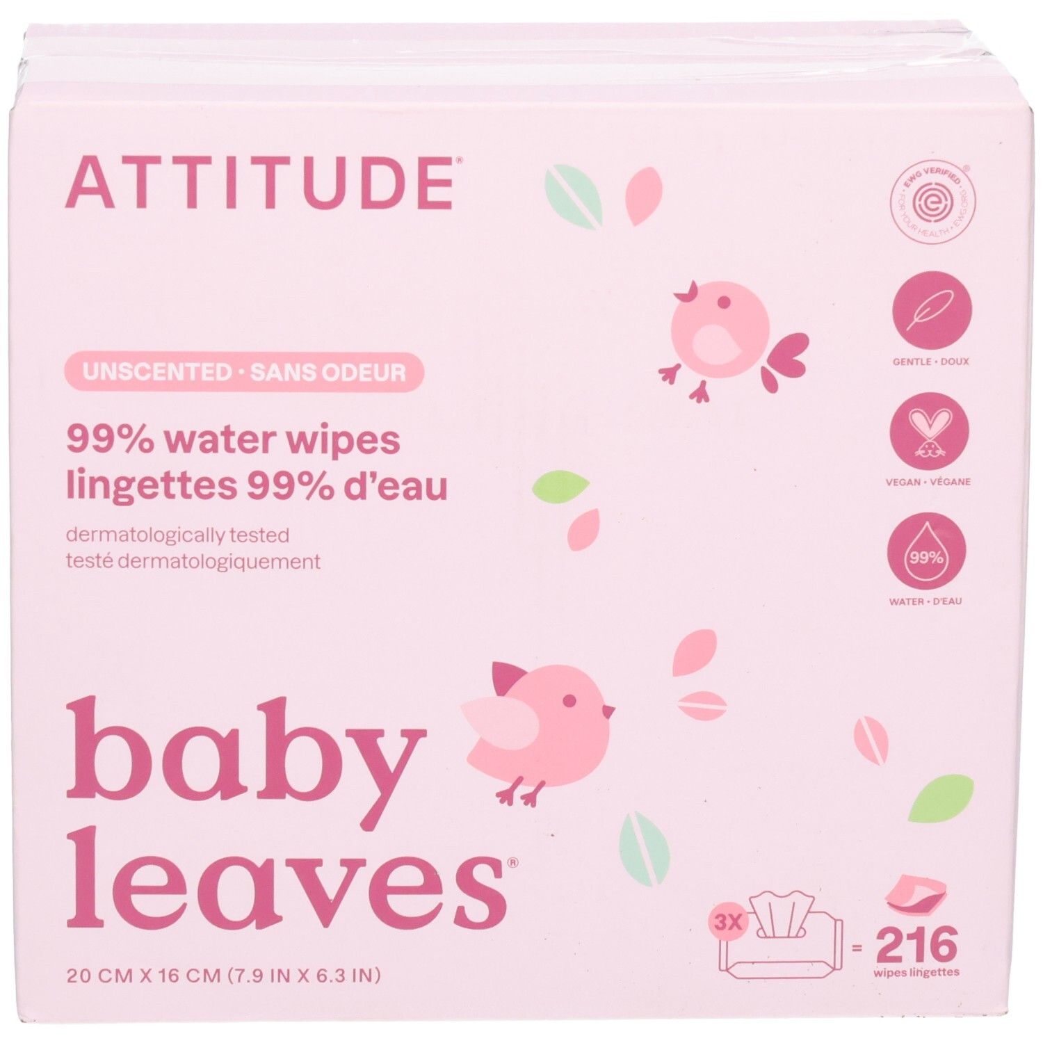 ATTITUDE Baby Leaves lingettes 99% eau, emballage avec sceaux et caractéristiques produit.
