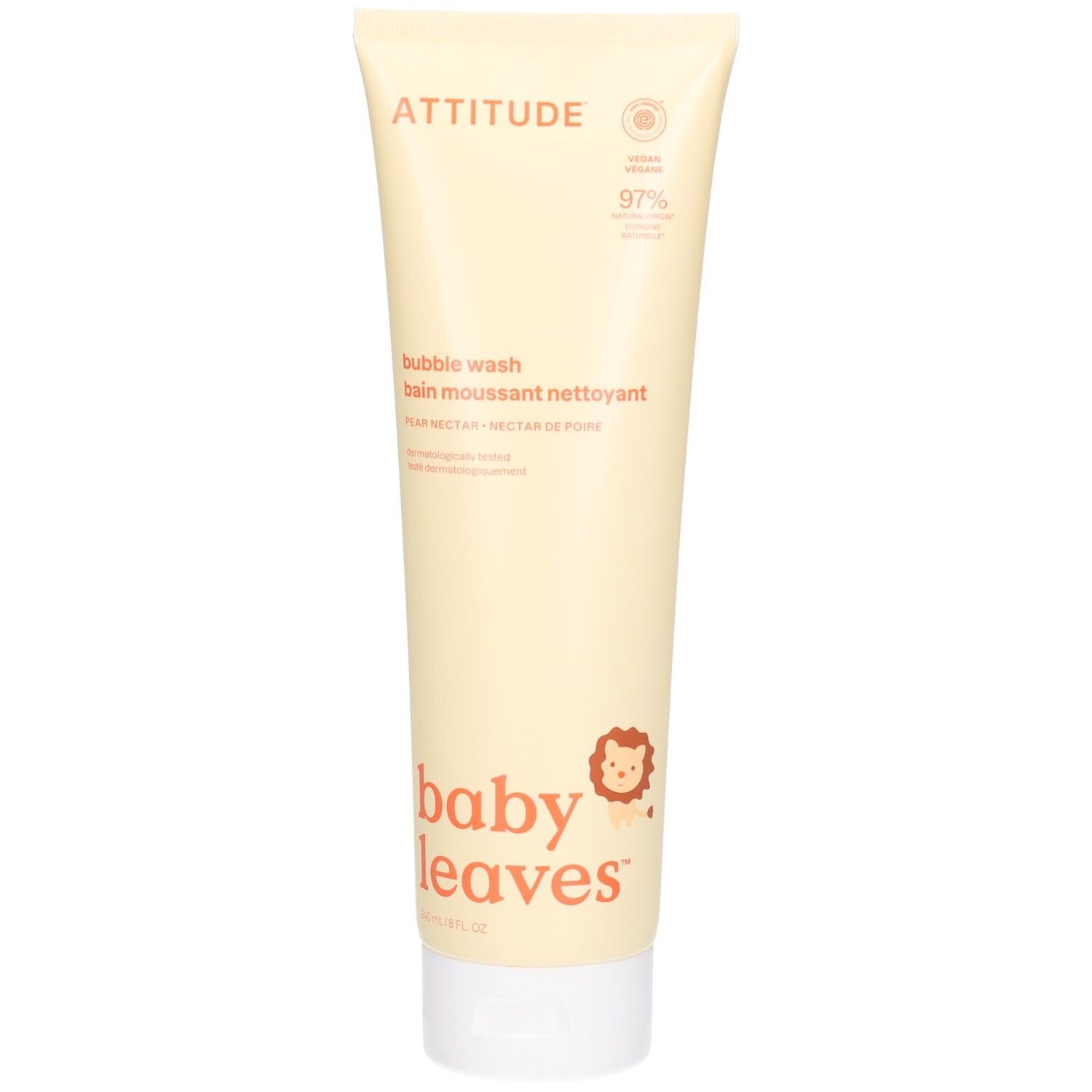 ATTITUDE Baby Leaves Bain Moussant Nectar de Poire. Tube crème clair avec bouchon blanc. Logo tête de lion et inscription "baby leaves".