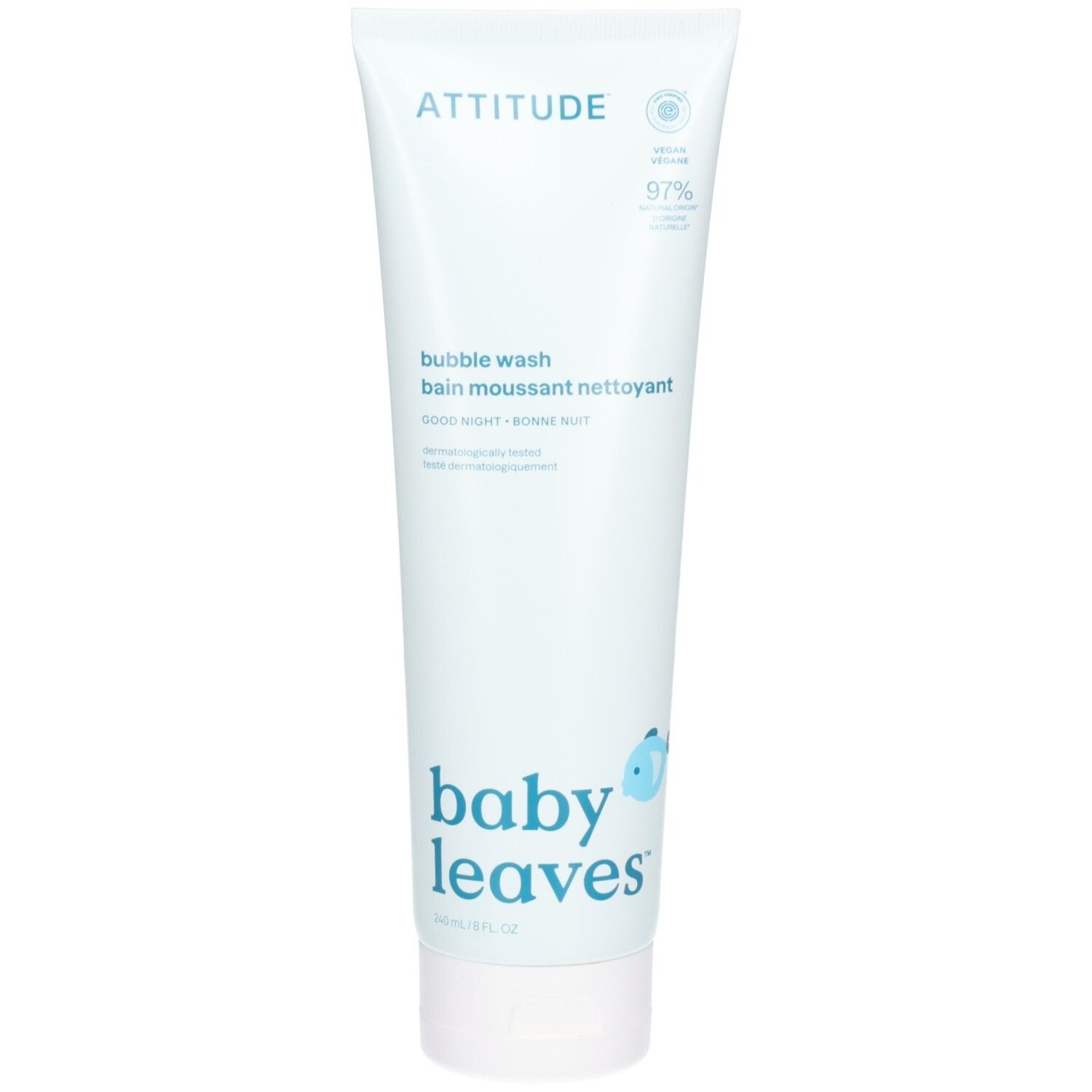 ATTITUDE Baby Leaves Bubble Wash Good Night, witte tube met blauwe opdruk.