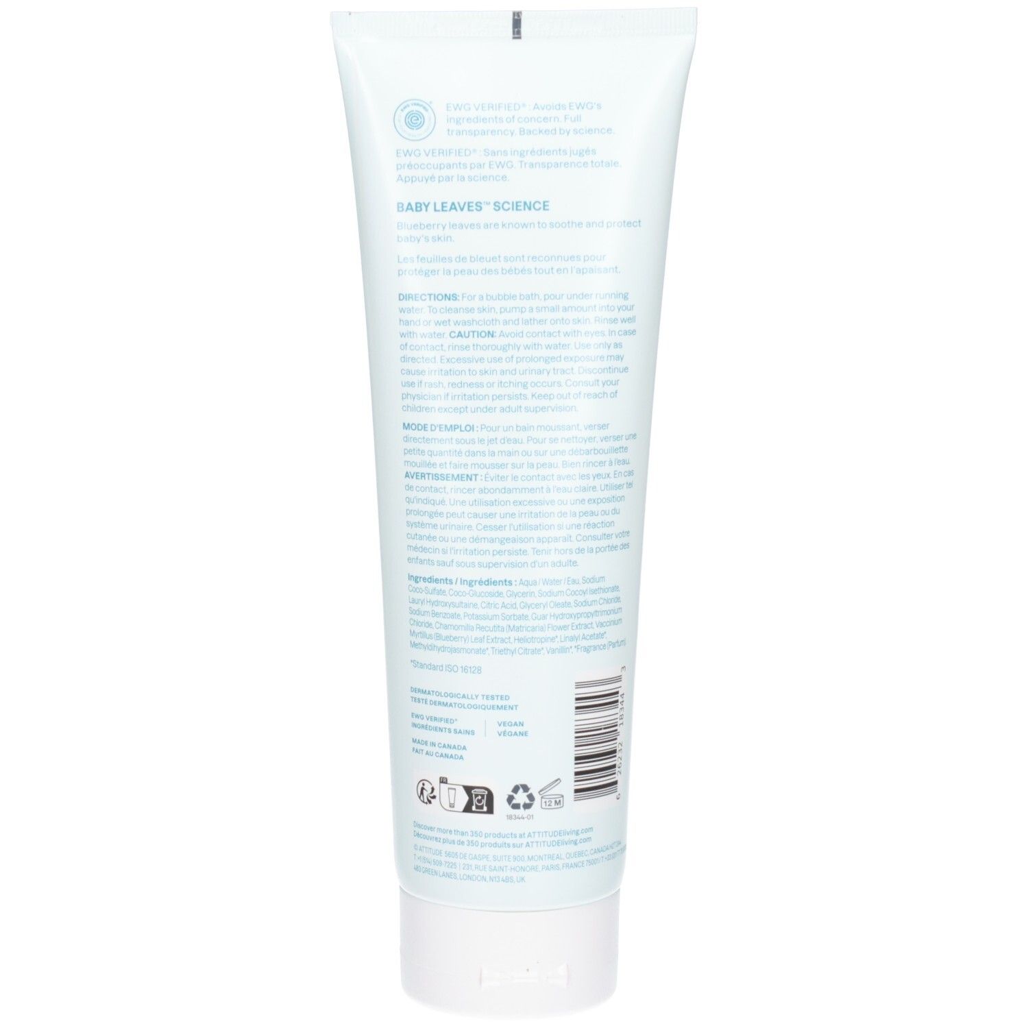 Achterkant ATTITUDE Baby Leaves Bubble Wash Good Night tube met productinformatie en barcode.