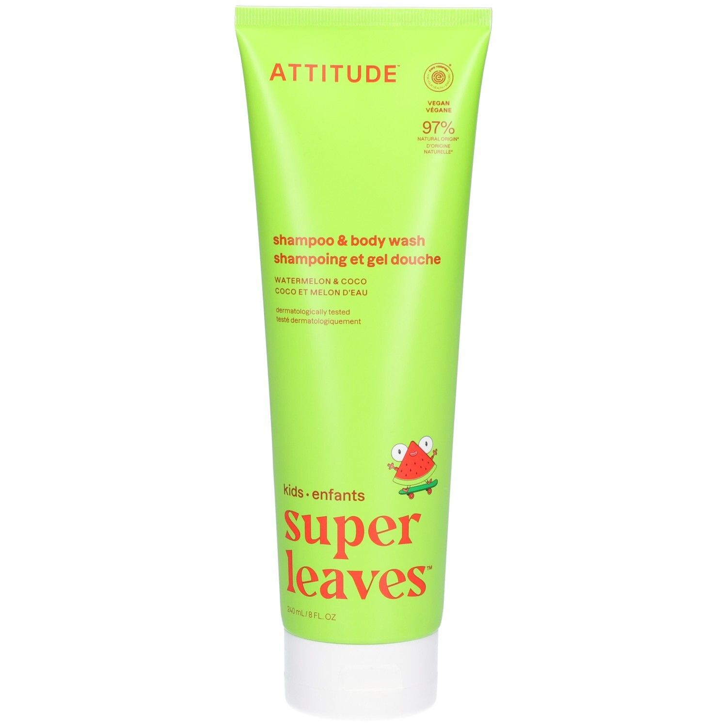 ATTITUDE Super Leaves Shampoo et gel douche 2-en-1 pour enfants, Pastèque & Coco. Tube vert avec inscriptions.