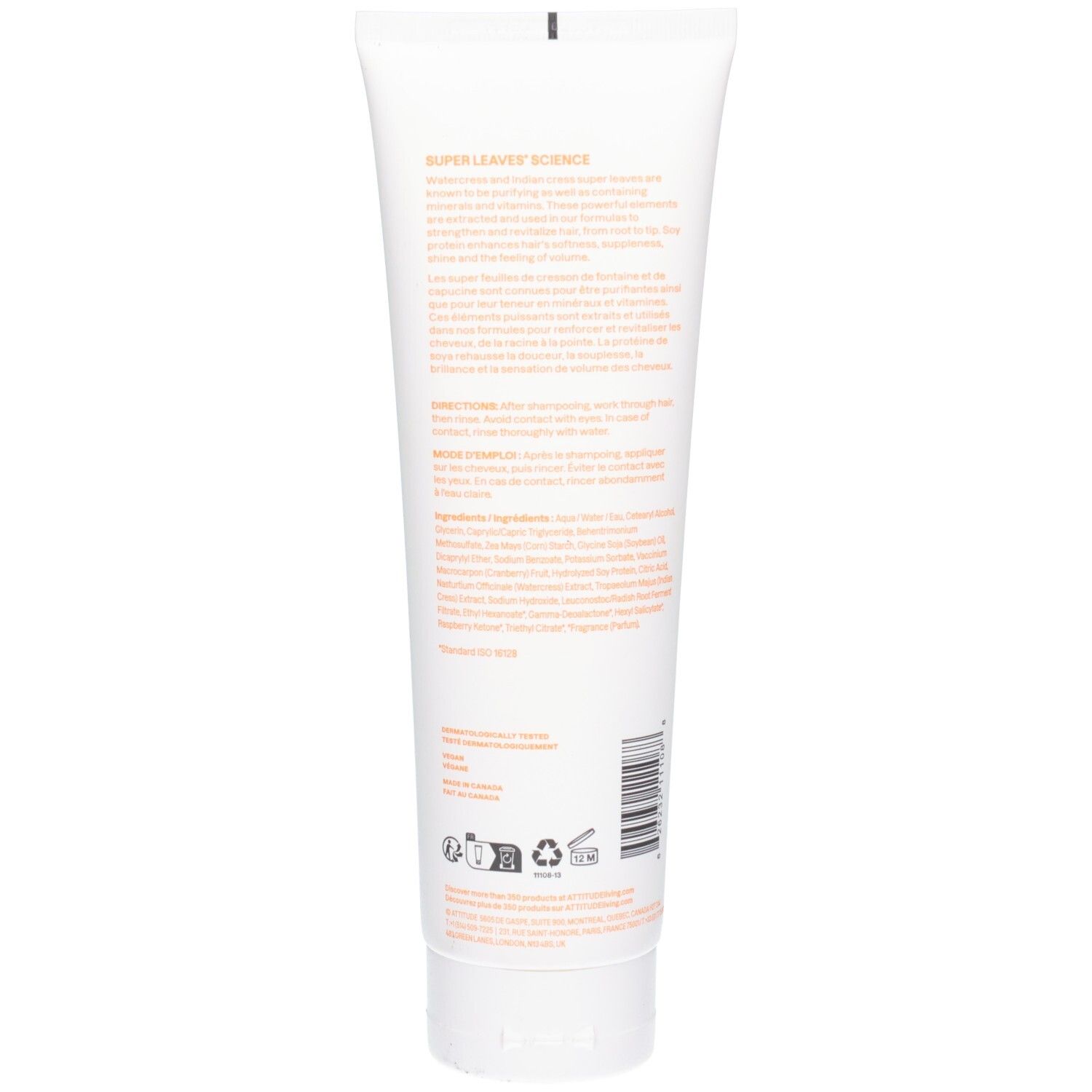 Achterkant van de ATTITUDE Super Leaves Volume & Shine Conditioner tube met ingrediënten en instructies.