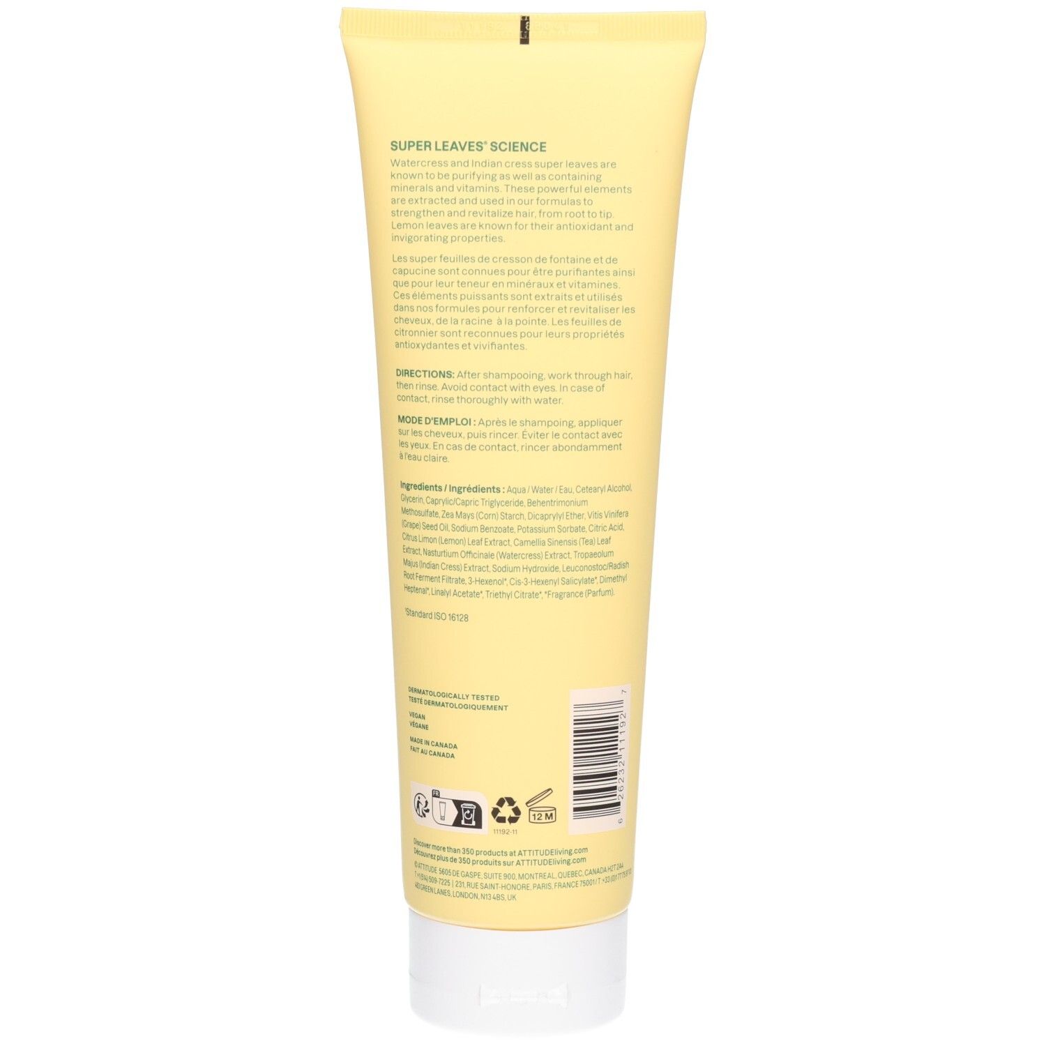Achterkant van de ATTITUDE Super Leaves Clarifying Conditioner fles met gebruiksinstructies.