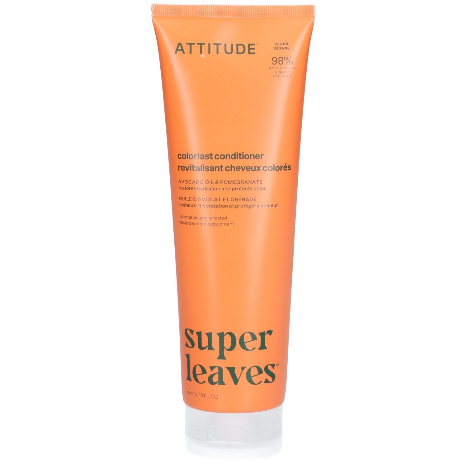 ATTITUDE Super Leaves Colorlast Conditioner fles, oranje, met avocado-olie en granaatappel.