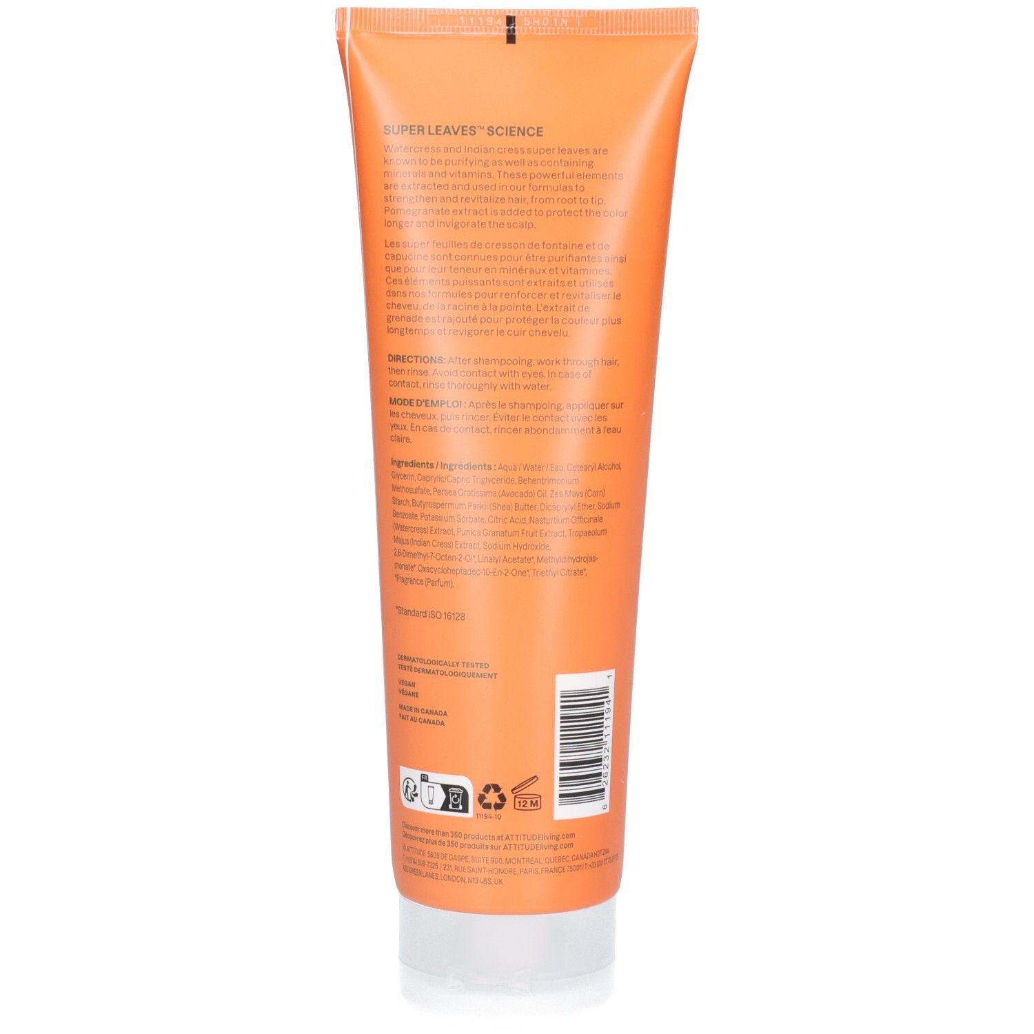 Achterkant van de ATTITUDE Super Leaves Colorlast Conditioner fles met productinformatie en ingrediënten.