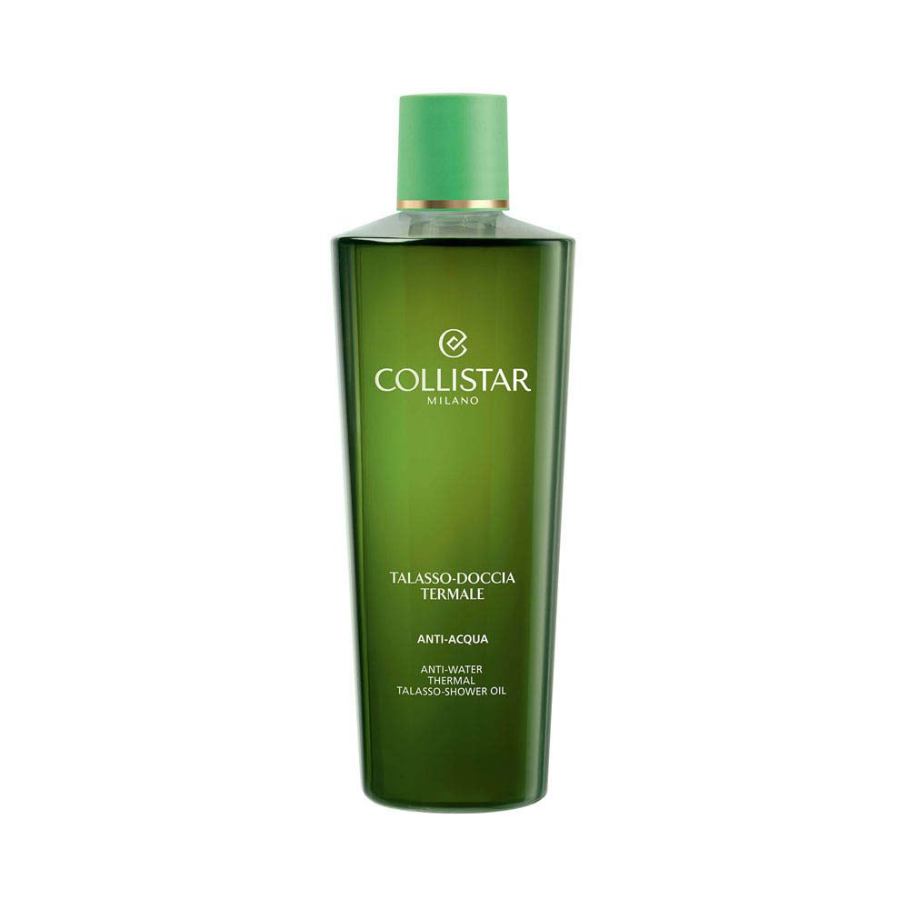 Flacon vert avec bouchon vert. Inscription : Collistar Milano, Talasso-Doccia Termale, Anti-Acqua, Anti-Water Thermal Talasso-Shower Oil.