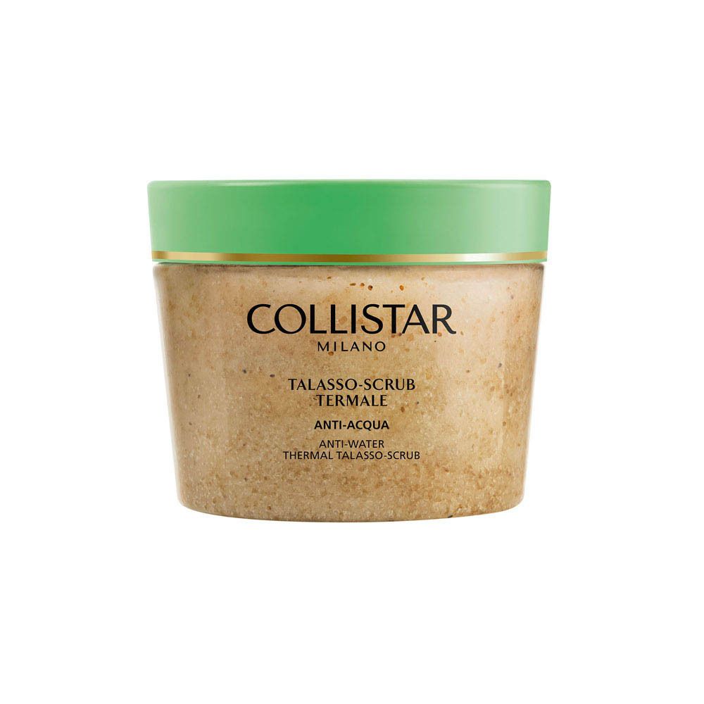 Pot met groene deksel. Opschrift: Collistar. Tekst: Talasso-Scrub Termale Anti-Acqua.