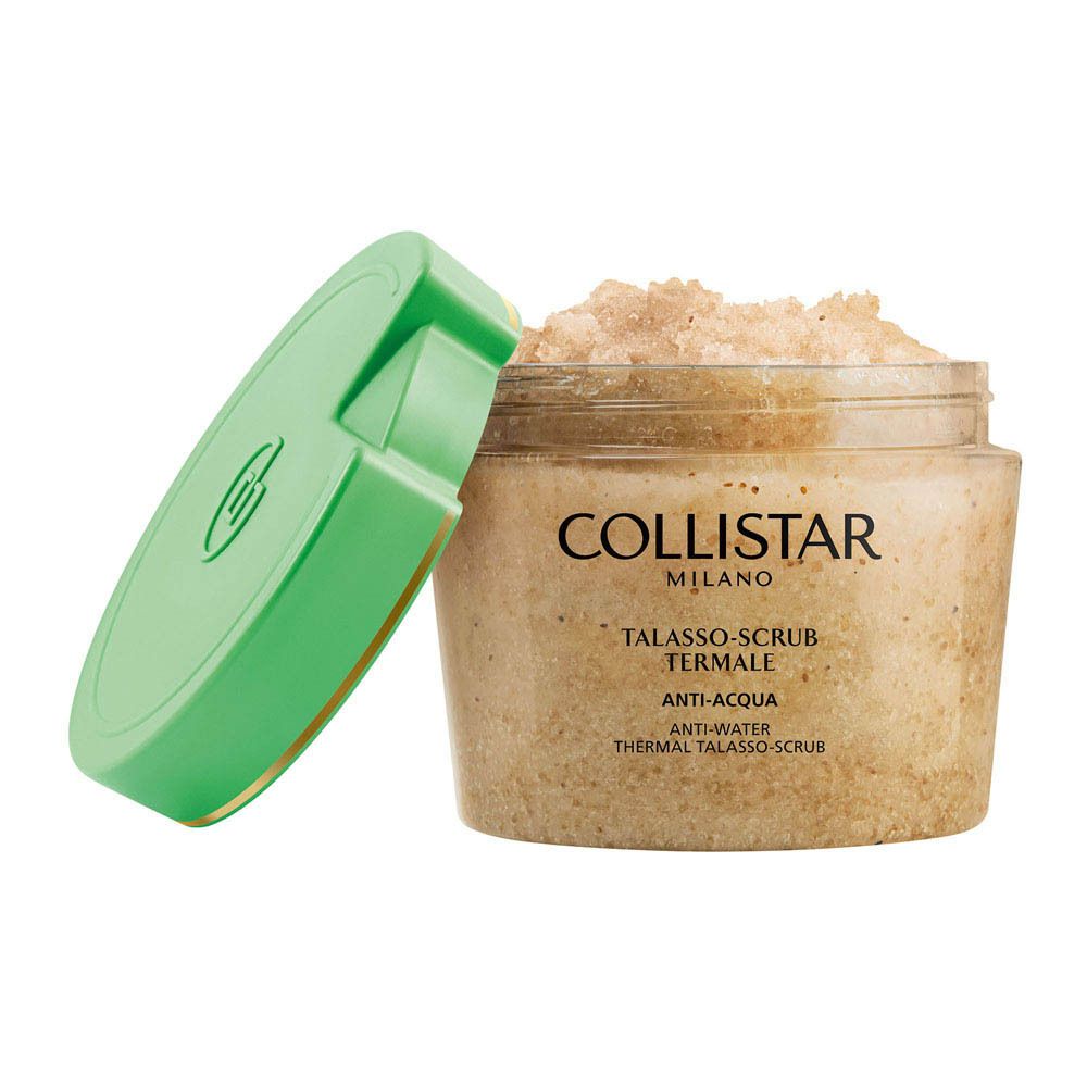 Pot met deksel. Opschrift: Collistar. Tekst: Talasso-Scrub Termale Anti-Acqua. Deksel open.