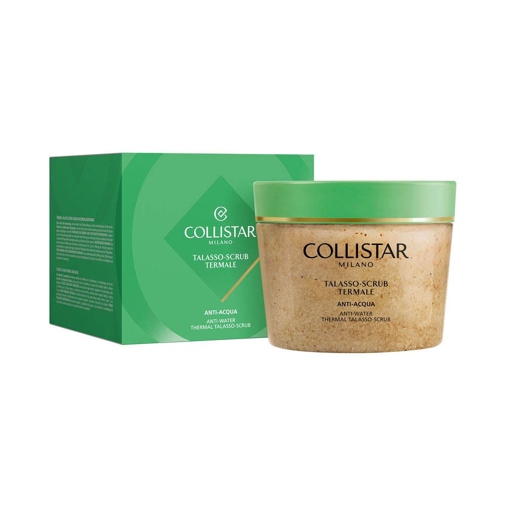 Emballage produit avec pot et couvercle. Inscription Collistar. Texte: Talasso-Scrub Termale Anti-Acqua.