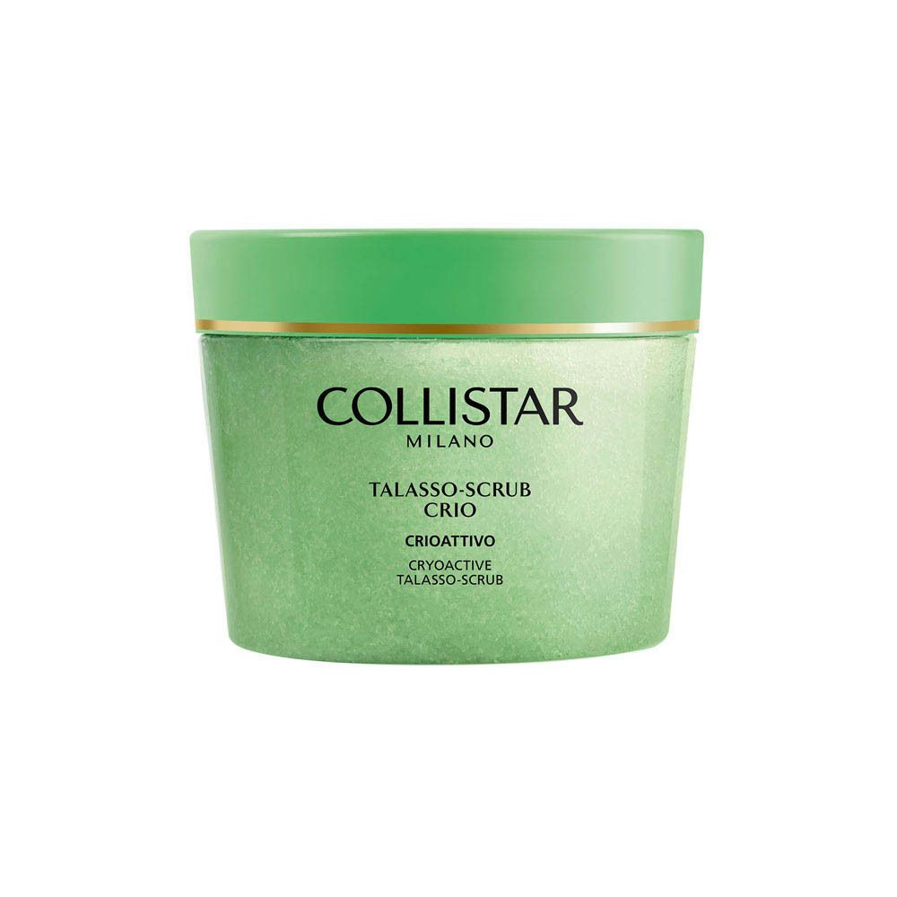 Groene pot met deksel. Tekst: COLLISTAR MILANO, TALASSO-SCRUB CRIO, CRIOATTIVO, CRYOTIVE TALASSO-SCRUB.