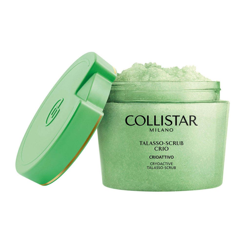 Groene pot met deksel. Tekst: COLLISTAR MILANO, TALASSO-SCRUB CRIO, CRIOATTIVO, CRYOTIVE TALASSO-SCRUB.