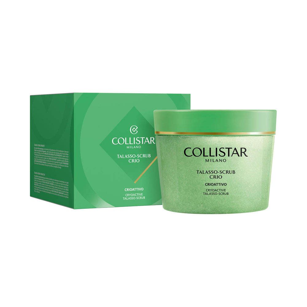 Pot vert avec couvercle. Texte : COLLISTAR MILANO, TALASSO-SCRUB CRIO, CRIOATTIVO, CRYOTIVE TALASSO-SCRUB.